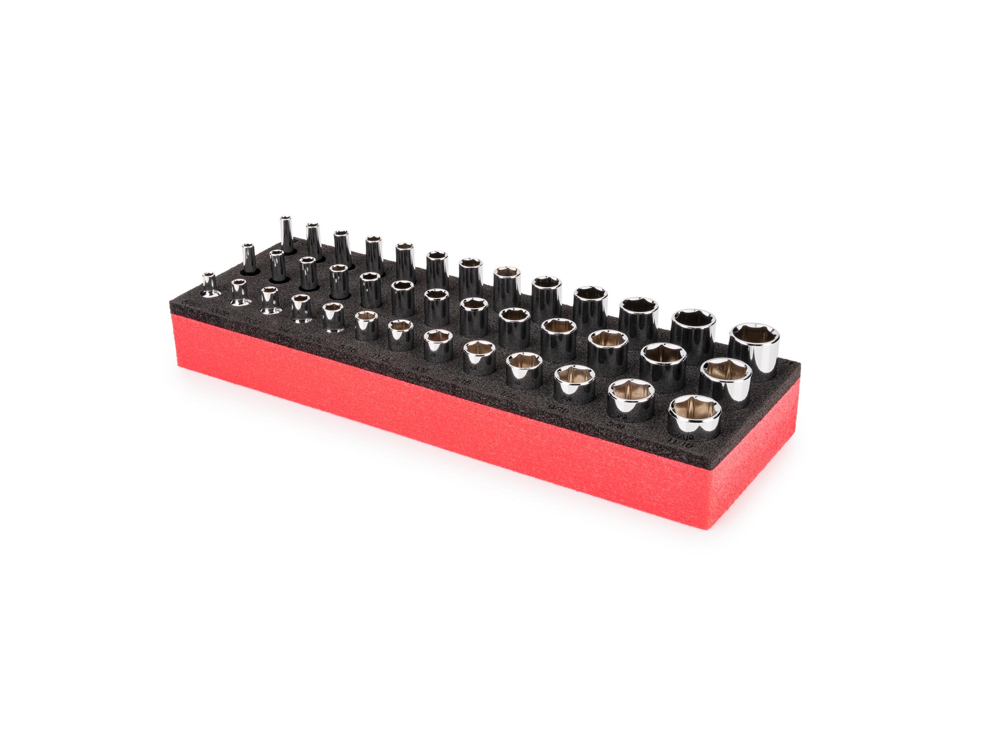 Front-right angle view of Tekton foam hand drive 6-point socket set. Item #SHD90807