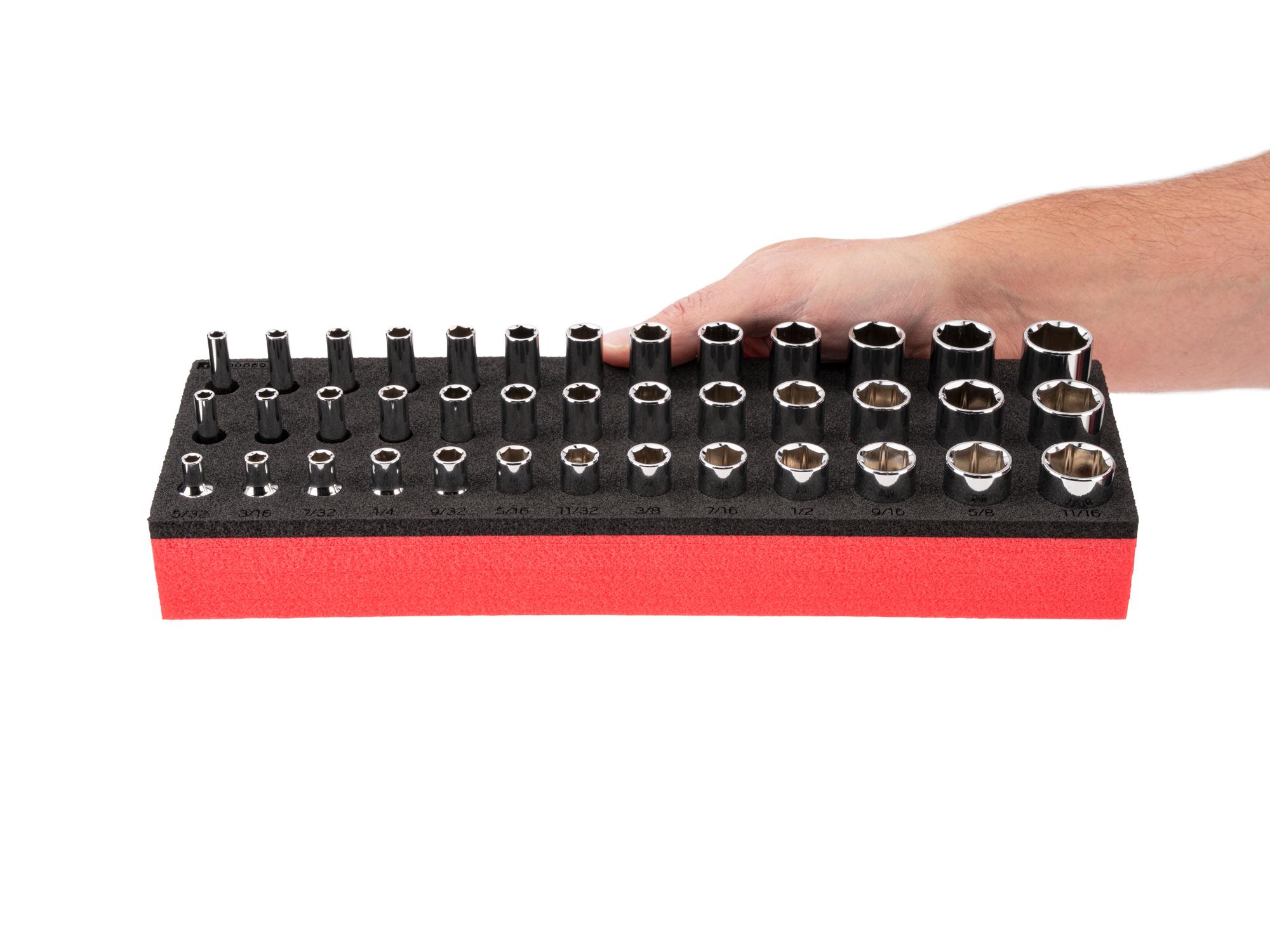 Person holding Tekton foam hand drive 6-point socket set. Item #SHD90807