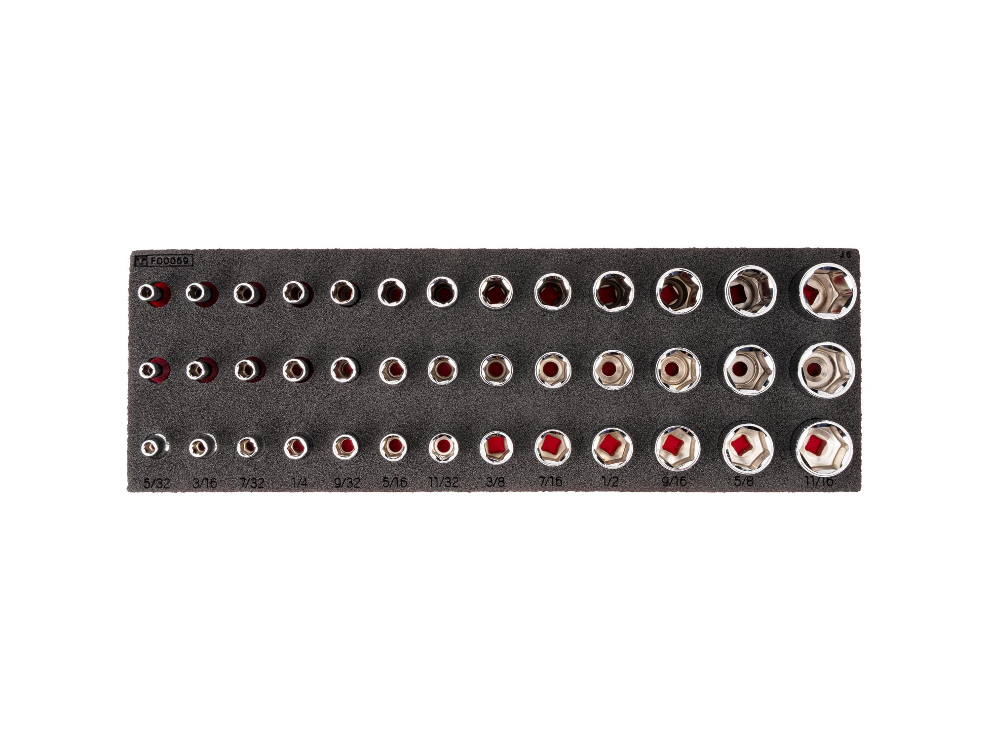 TEKTON 1/4 Inch Drive Shallow, Semi-Deep, and Deep 6-Point Socket Set with 12 x 4 Inch Foam Organizer, 39-Piece (5/32 - 11/16 in.)