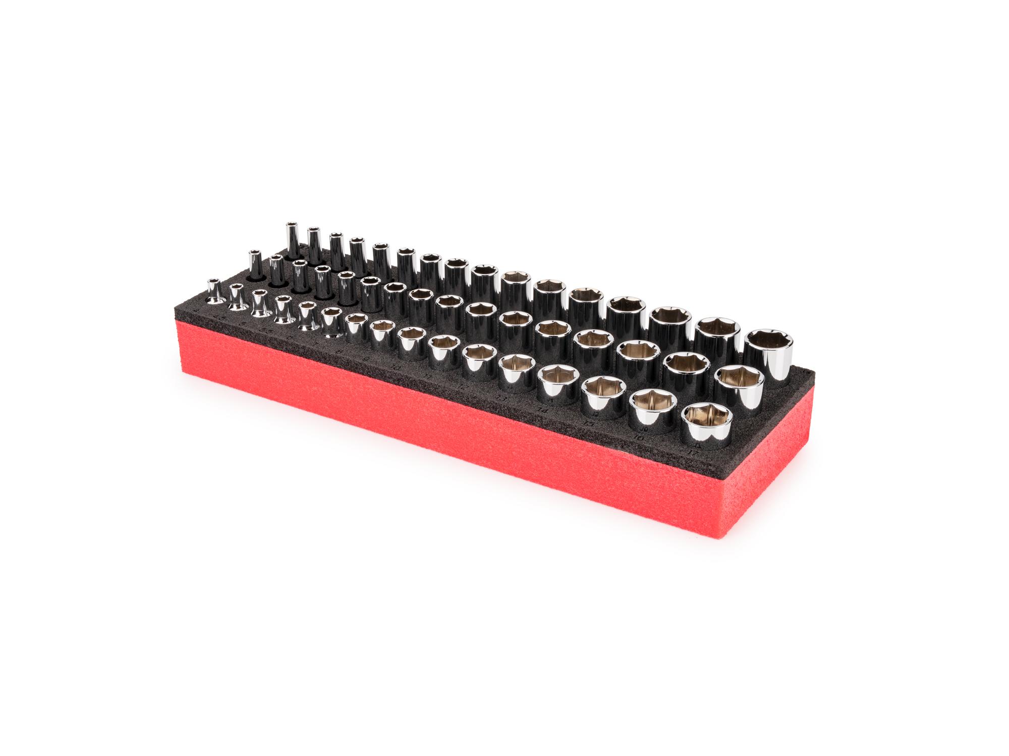 Front-right angle view of Tekton foam hand drive 6-point socket set. Item #SHD90808