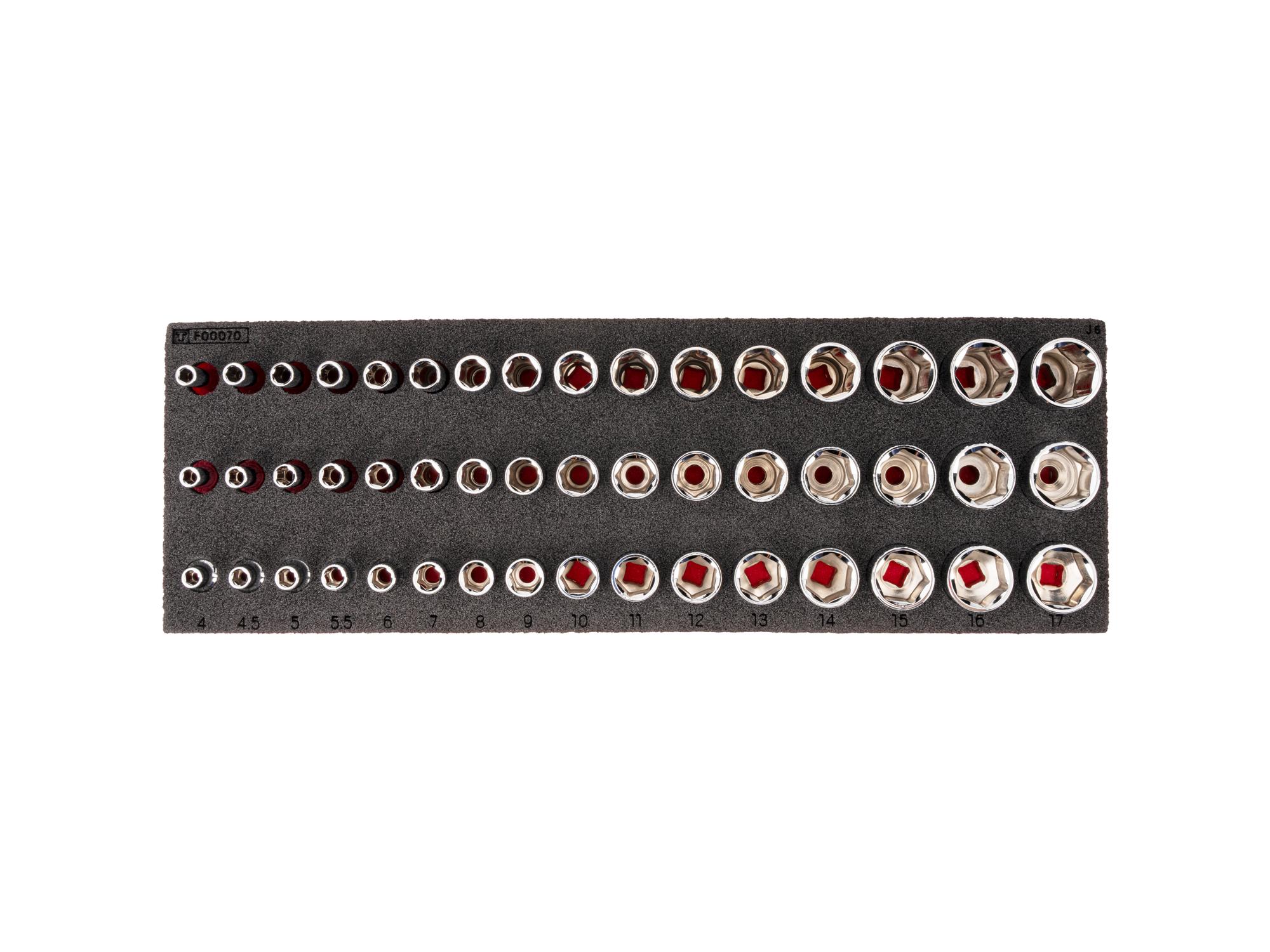 TEKTON 1/4 Inch Drive Shallow, Semi-Deep, and Deep 6-Point Socket Set with 12 x 4 Inch Foam Organizer, 48-Piece (4 - 17 mm)