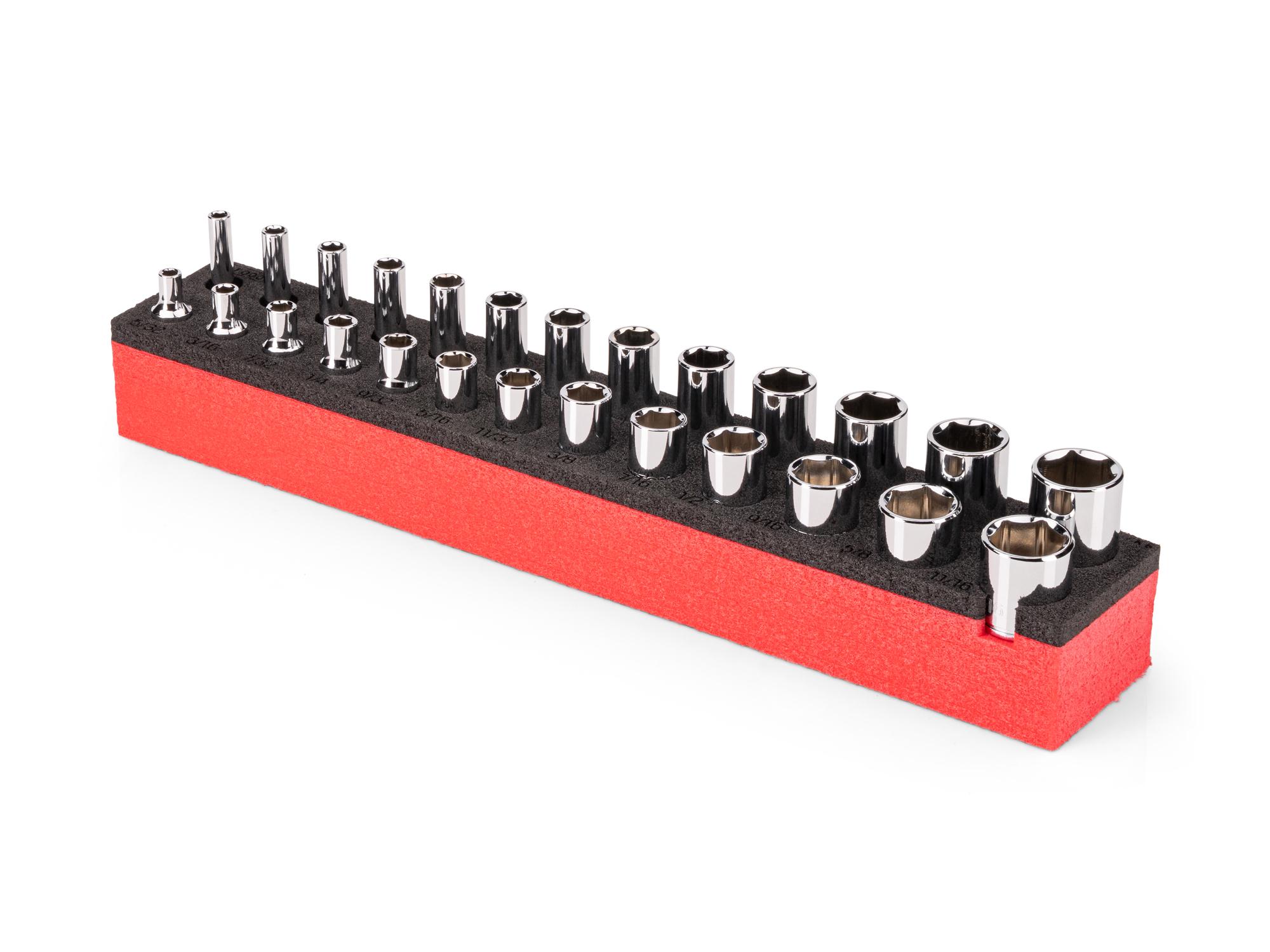 Angled view of Tekton 1/4 inch drive shallow and deep 6-point socket set with 12 x 2 inch foam organizer. SHD90812