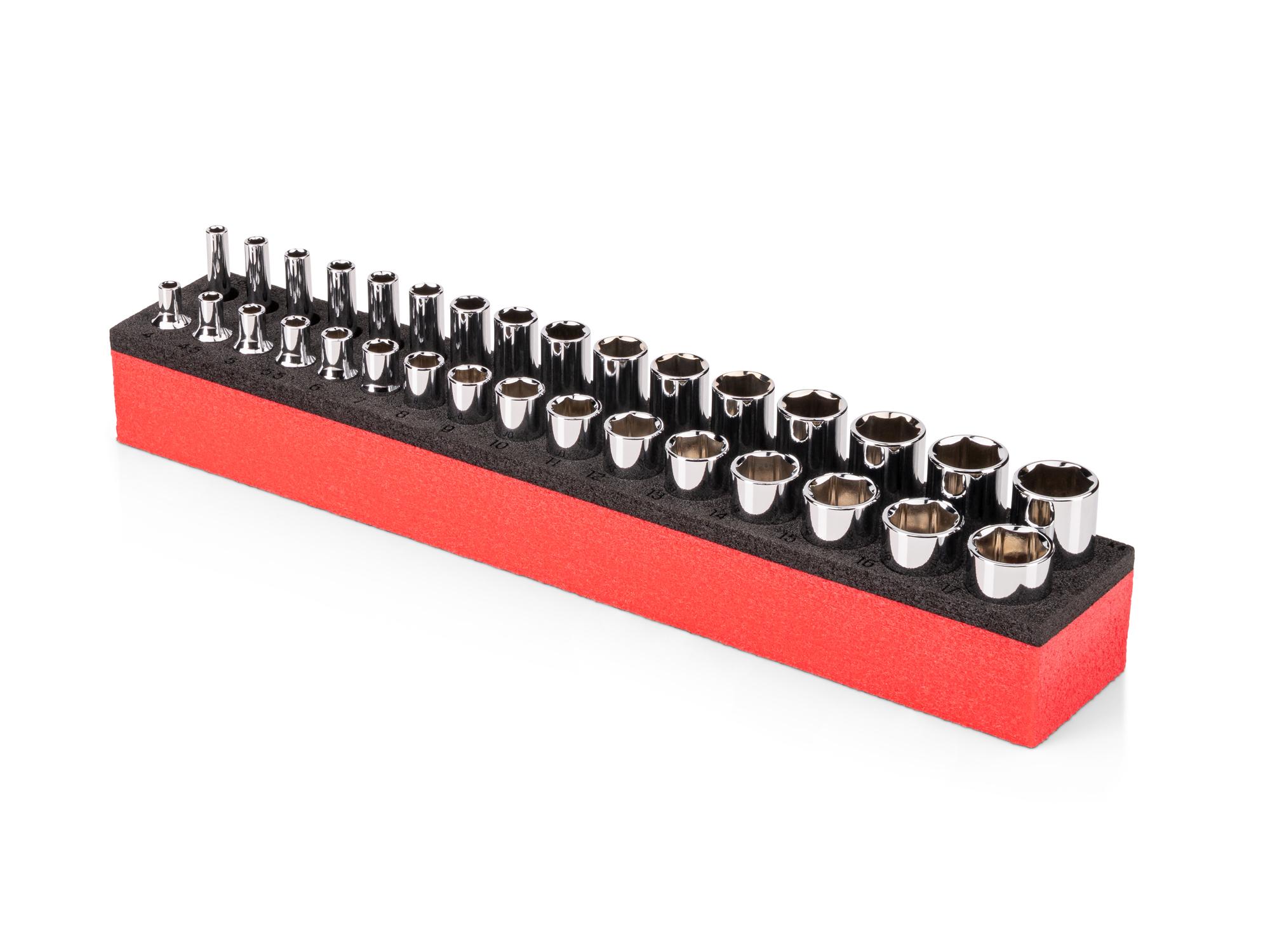 Angled view of red Tekton 1/4 inch drive shallow and deep 6-point socket set. SHD90813