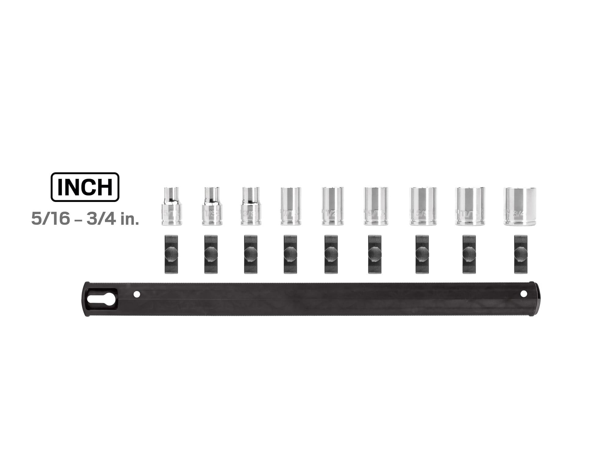 Laid out contents of Tekton rail hand drive 6-point socket set. Item #SHD91101