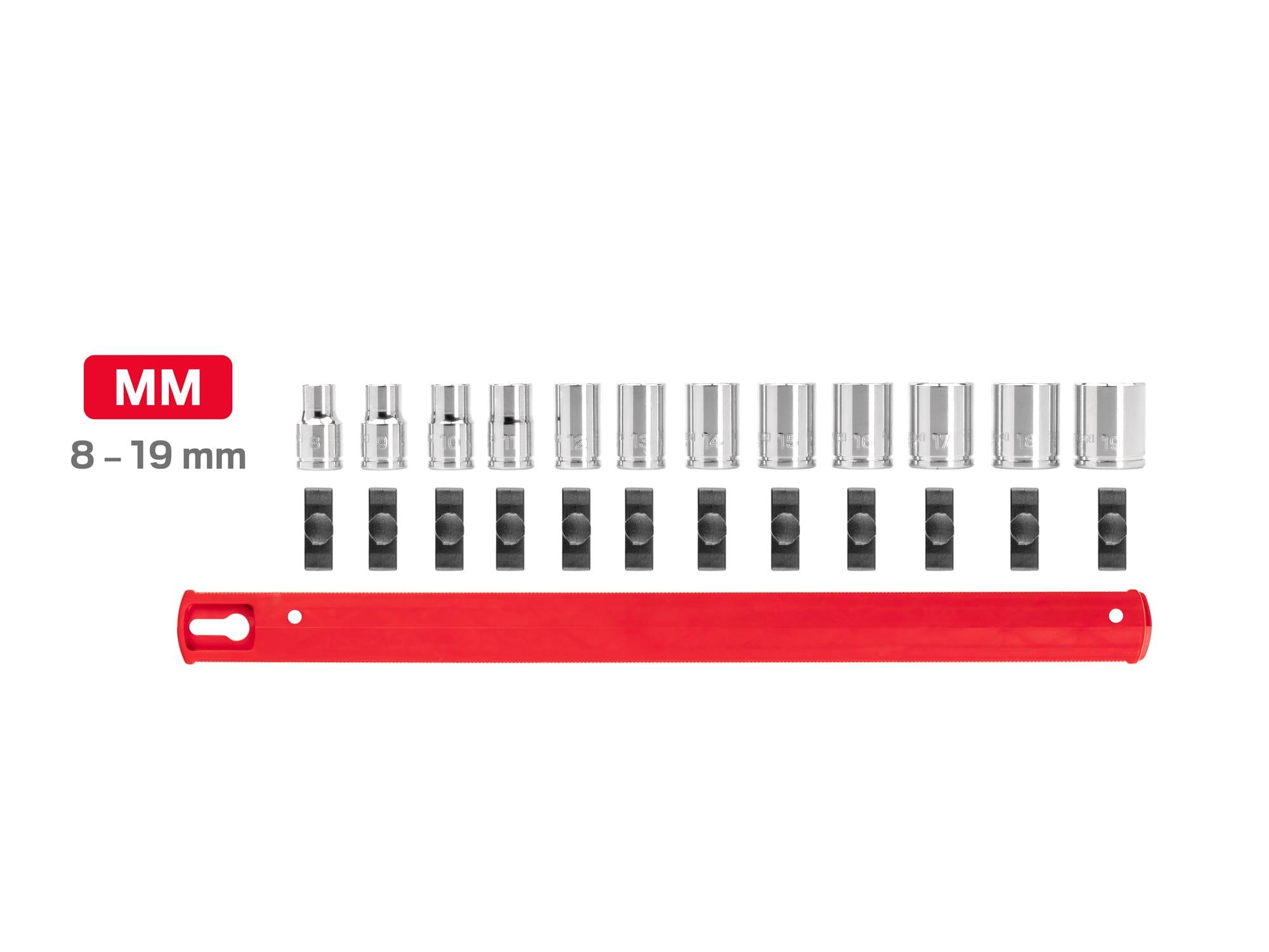 Laid out contents of Tekton rail hand drive 6-point socket set. Item #SHD91102