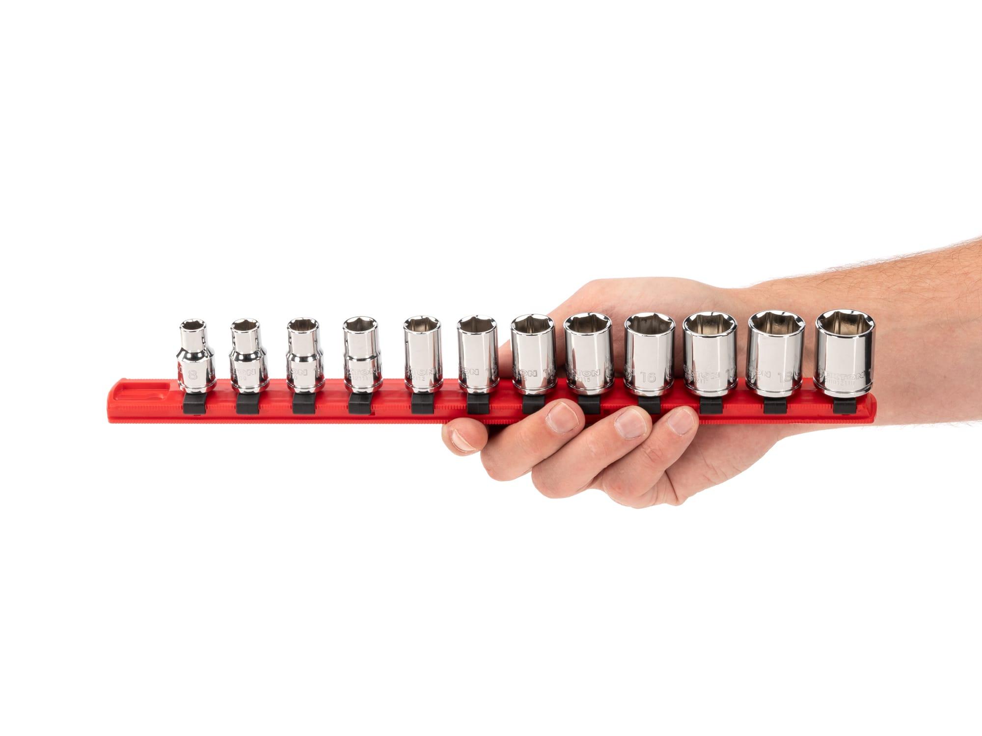 Person holding Tekton rail hand drive 6-point socket set. Item #SHD91102