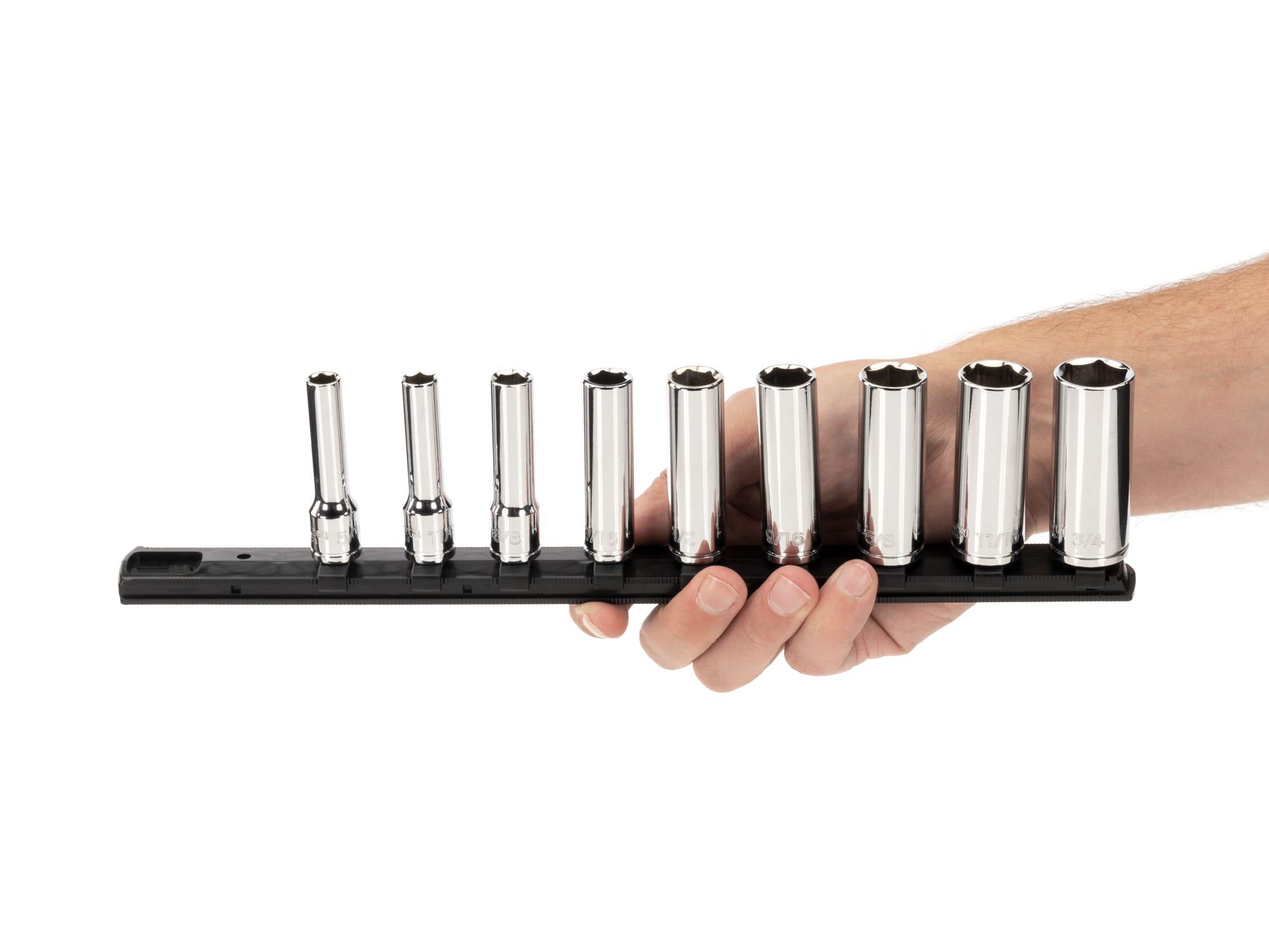 Person holding Tekton rail hand drive 6-point socket set. Item #SHD91105