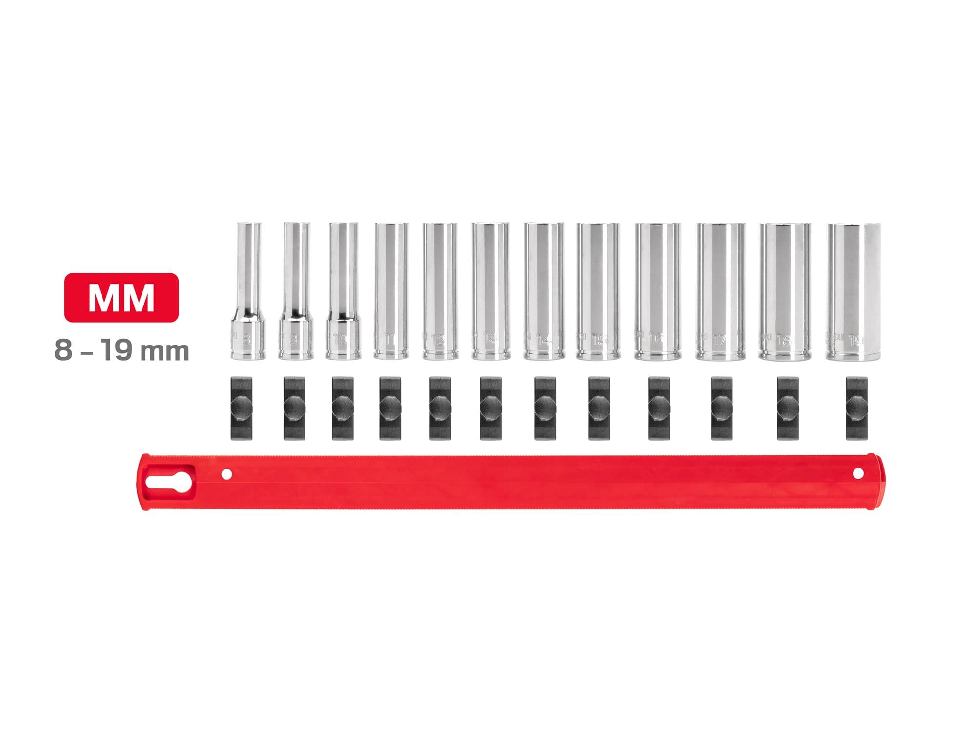 Laid out contents of Tekton rail hand drive 6-point socket set. Item #SHD91106