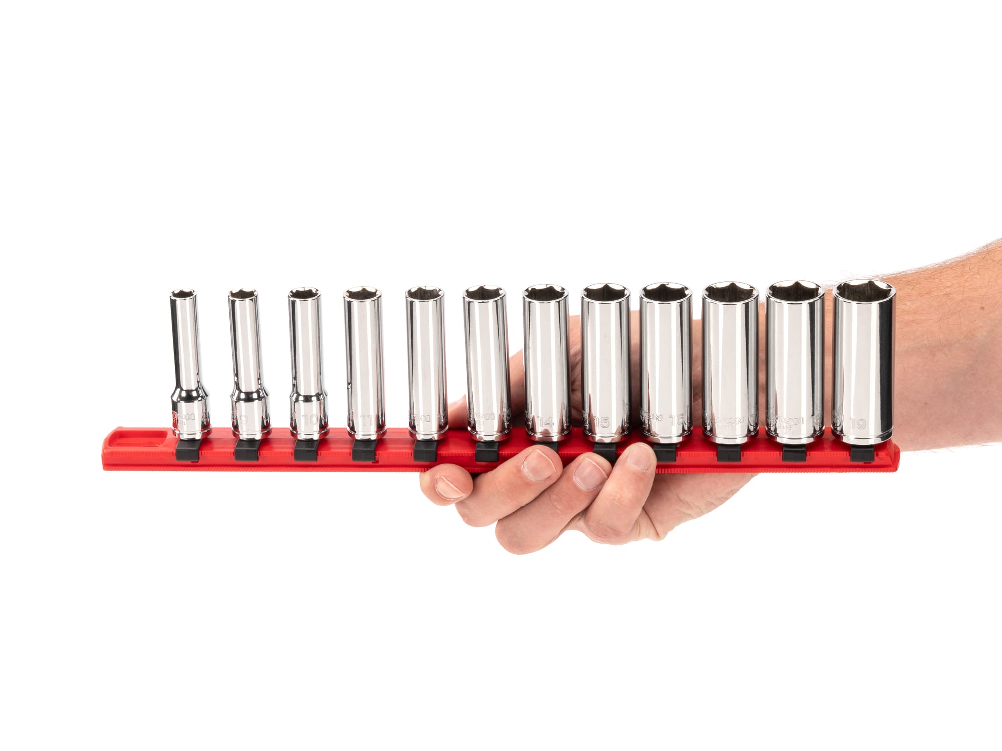 TEKTON 3/8 Inch Drive Deep 6-Point Socket Set with Rail, 12-Piece (8-19 mm)