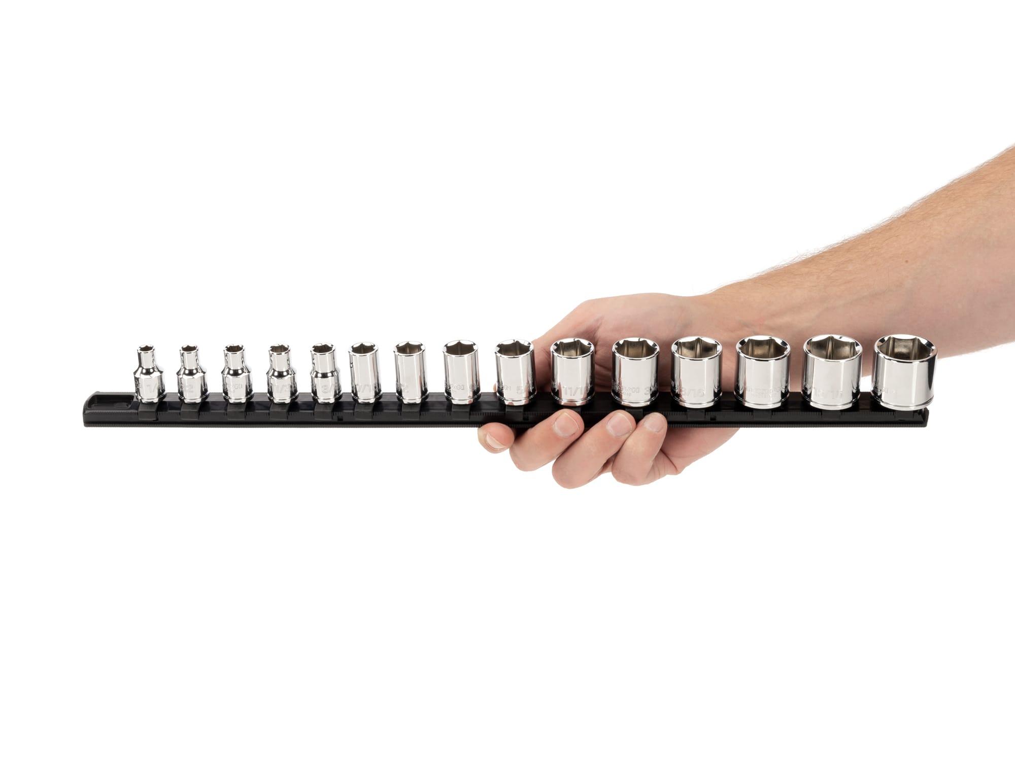 Person holding Tekton rail hand drive 6-point socket set. Item #SHD91109