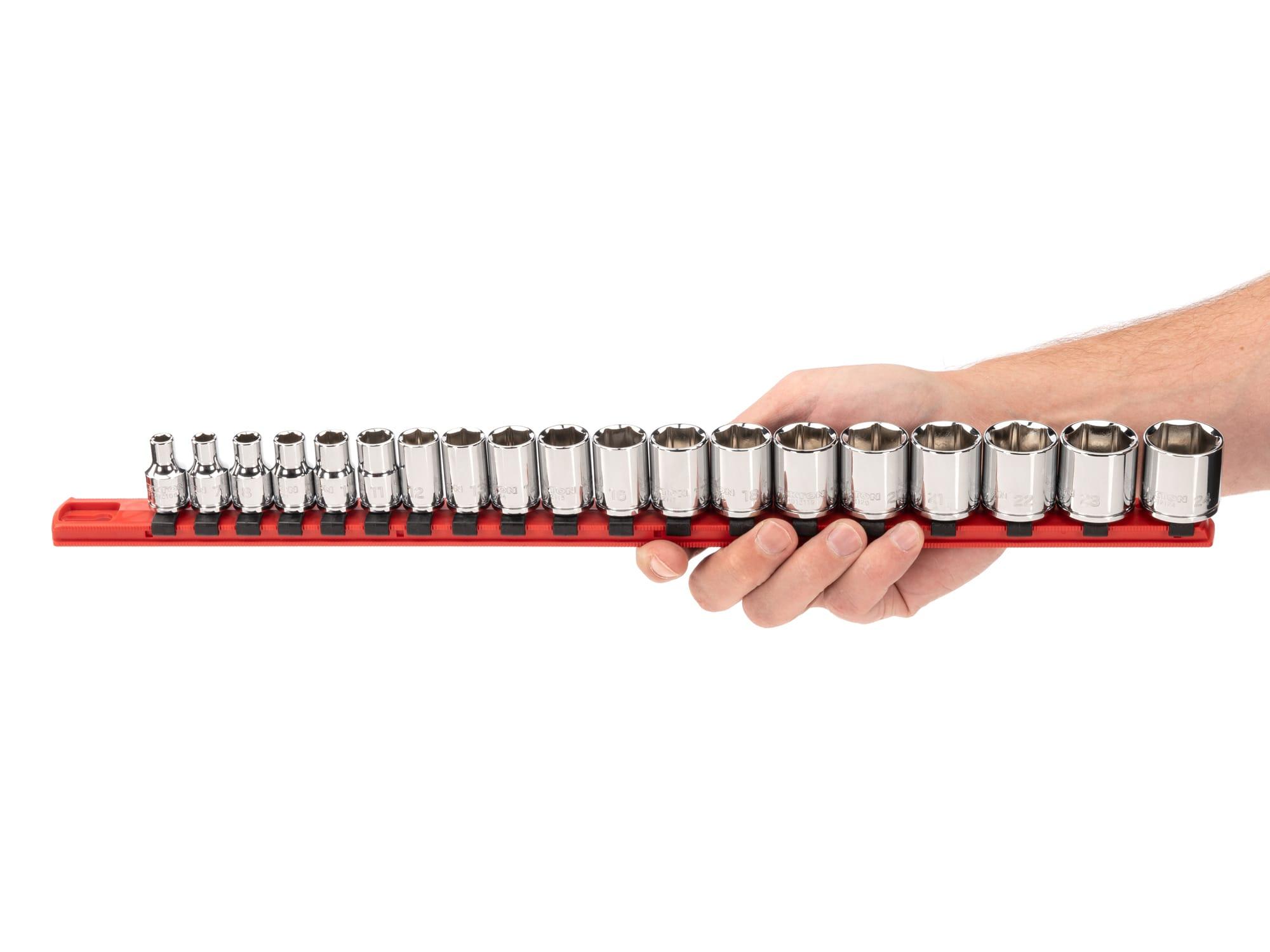 Person holding Tekton rail hand drive 6-point socket set. Item #SHD91110