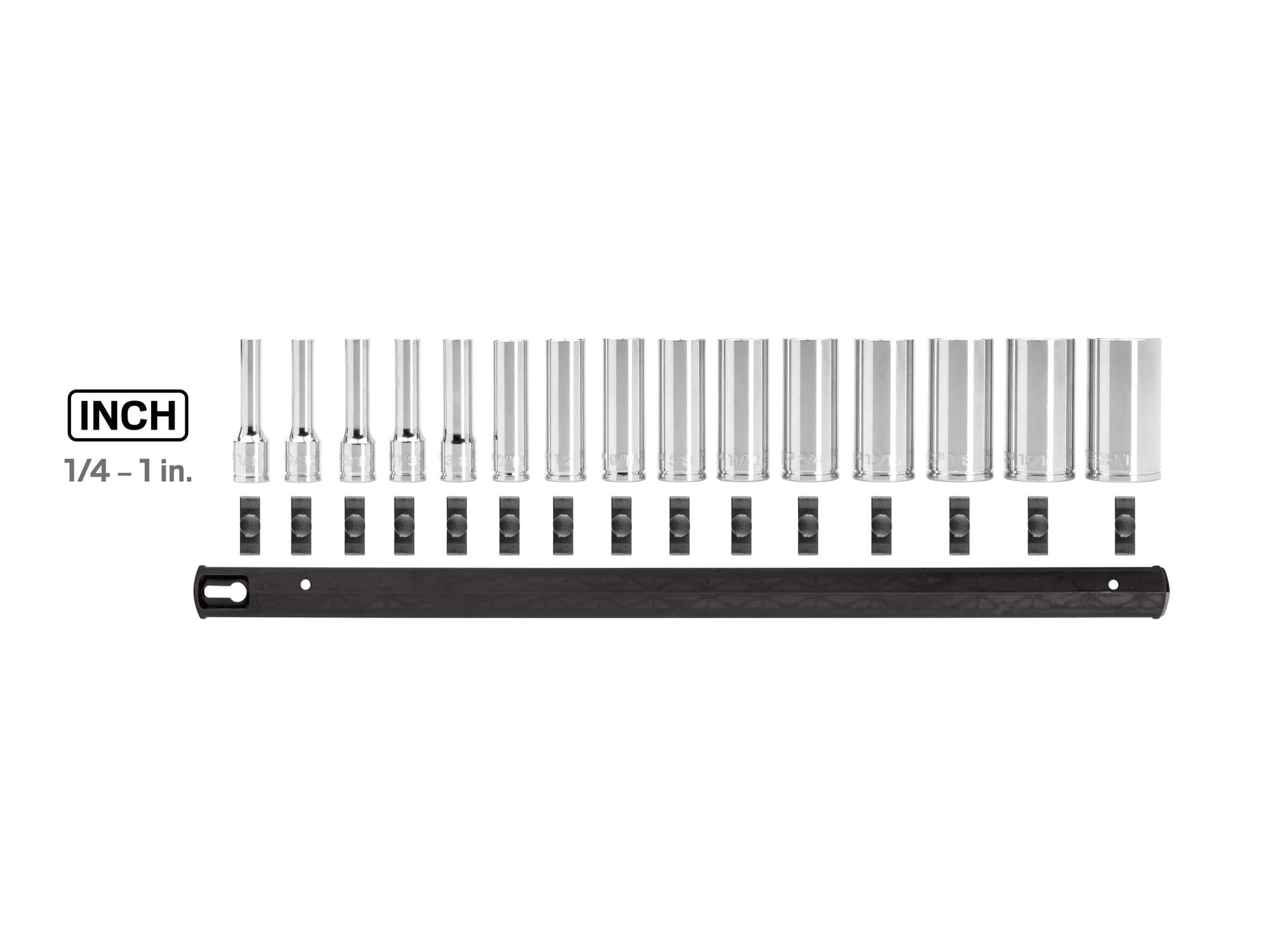 Laid out contents of Tekton rail hand drive 6-point socket set. Item #SHD91113