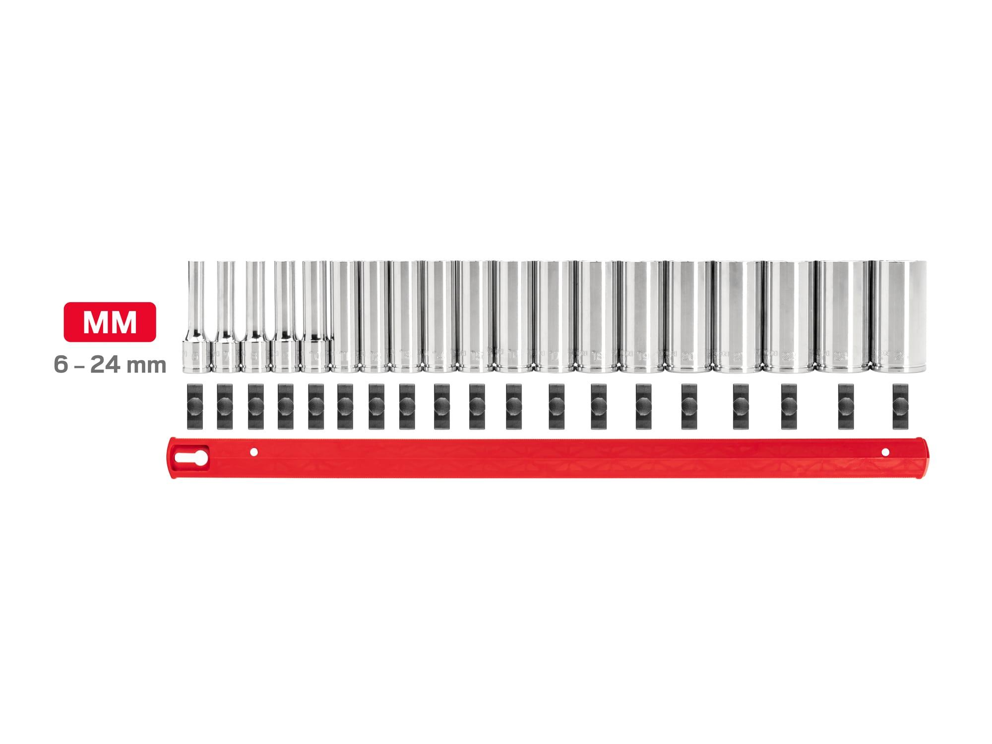 Laid out contents of Tekton rail hand drive 6-point socket set. Item #SHD91114