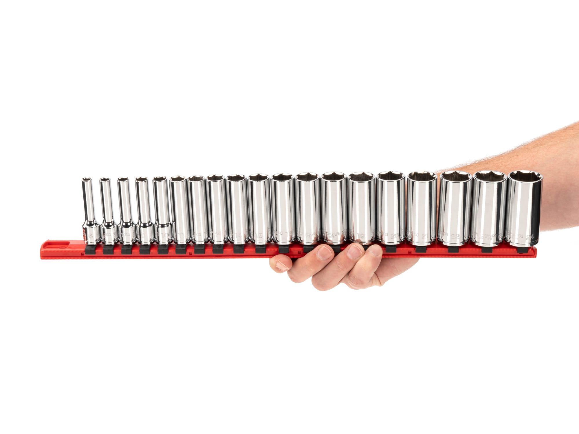 Person holding Tekton rail hand drive 6-point socket set. Item #SHD91114