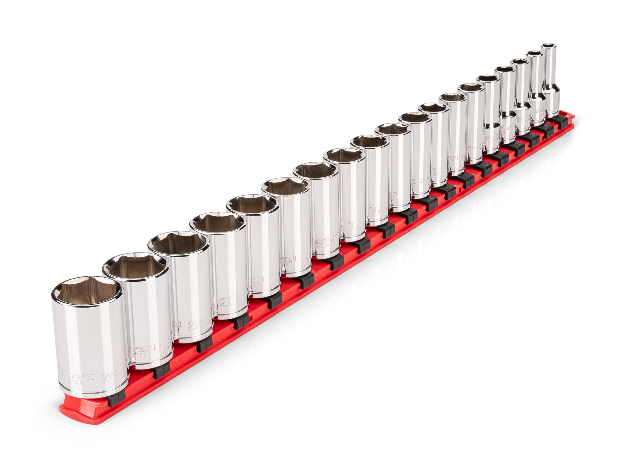 Front-right angle view of Tekton rail hand drive 6-point socket set. Item #SHD91120