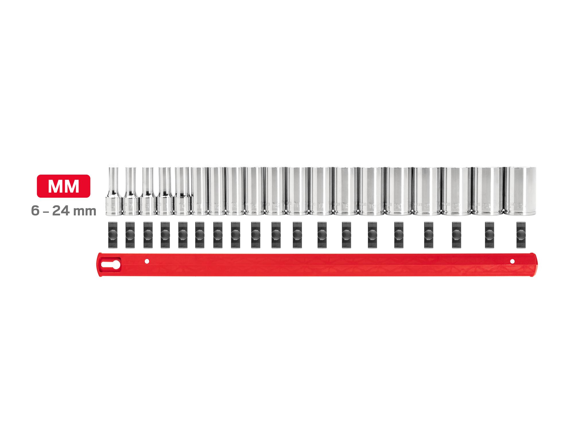 Laid out contents of Tekton rail hand drive 6-point socket set. Item #SHD91120