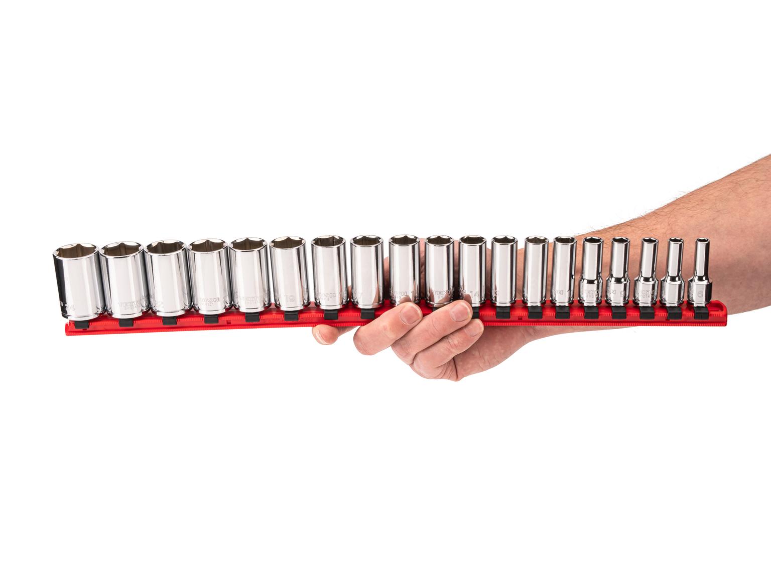 Person holding Tekton hand drive 6-point socket set. Item #SHD91120