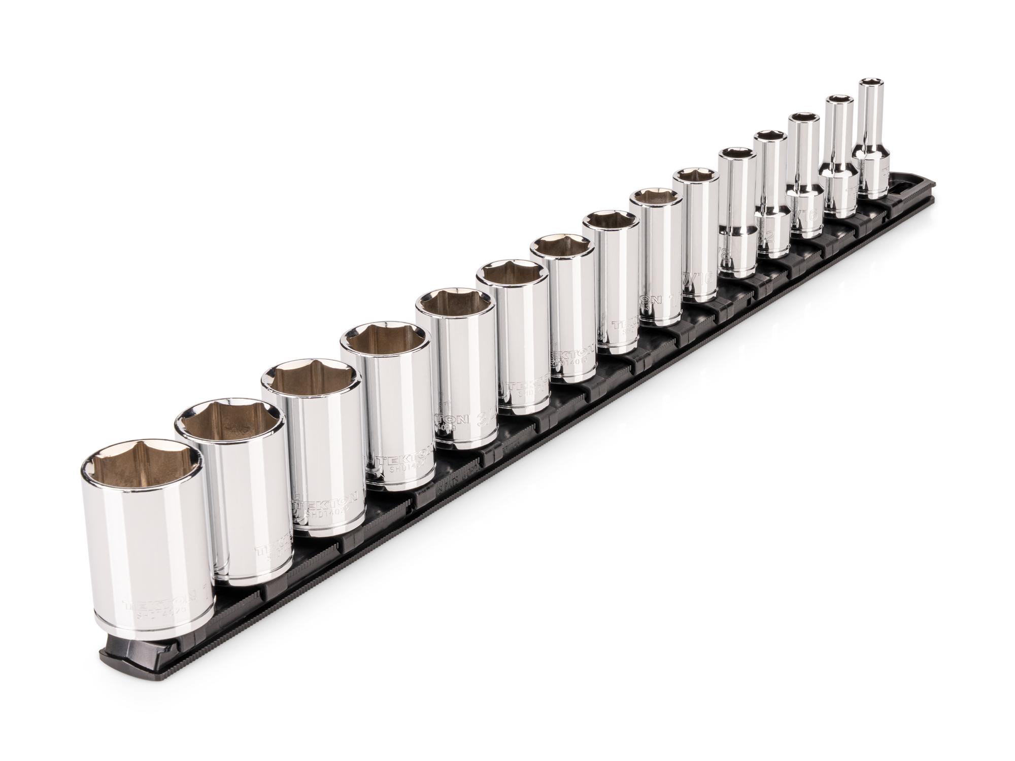 Front-right angle view of Tekton rail hand drive 6-point socket set. Item #SHD91121