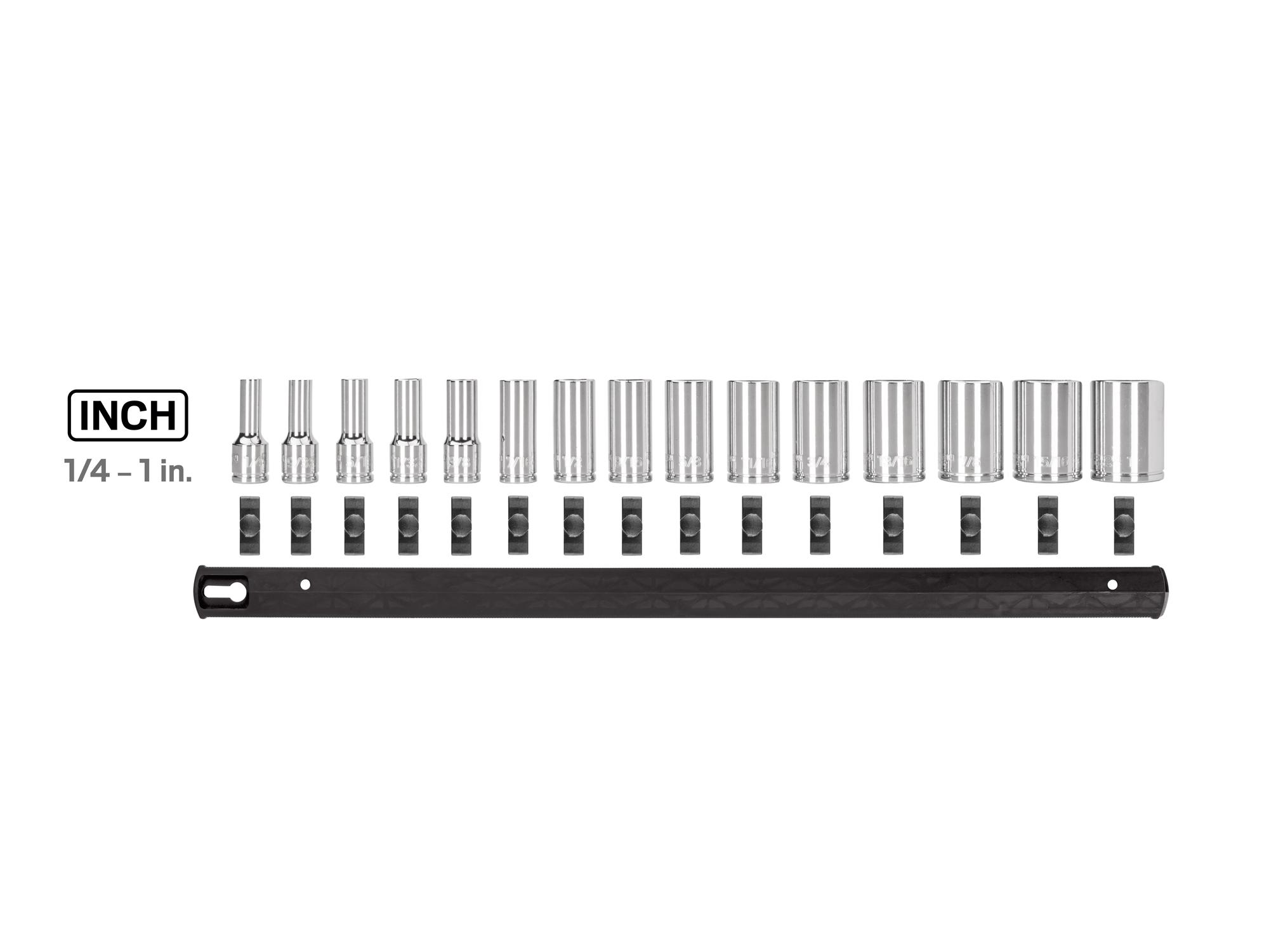 Laid out contents of Tekton hand drive 6-point socket set. Item #SHD91121