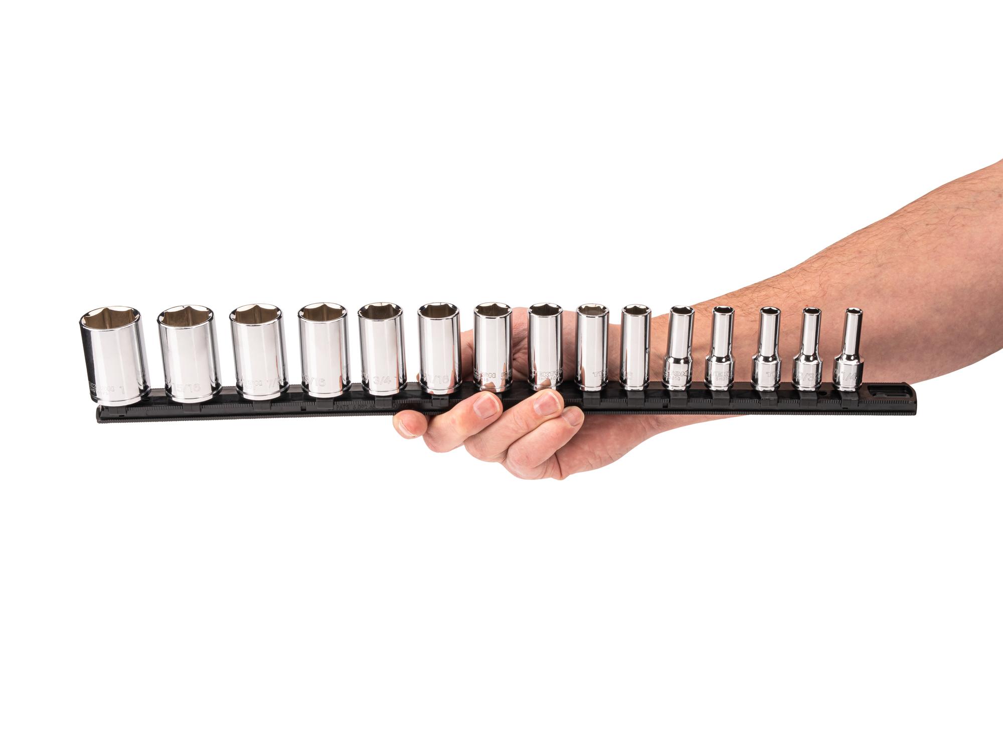 Person holding Tekton rail hand drive 6-point socket set. Item #SHD91121