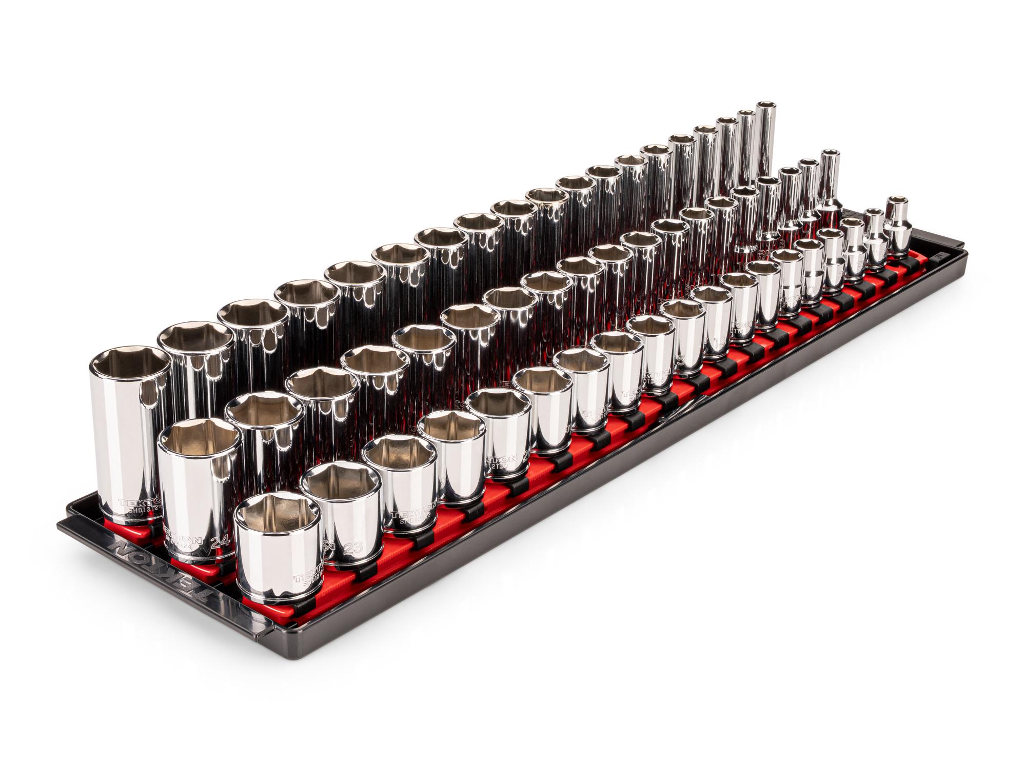 Front-right angle view of Tekton rail and tray hand drive 6-point socket set. Item #SHD91124