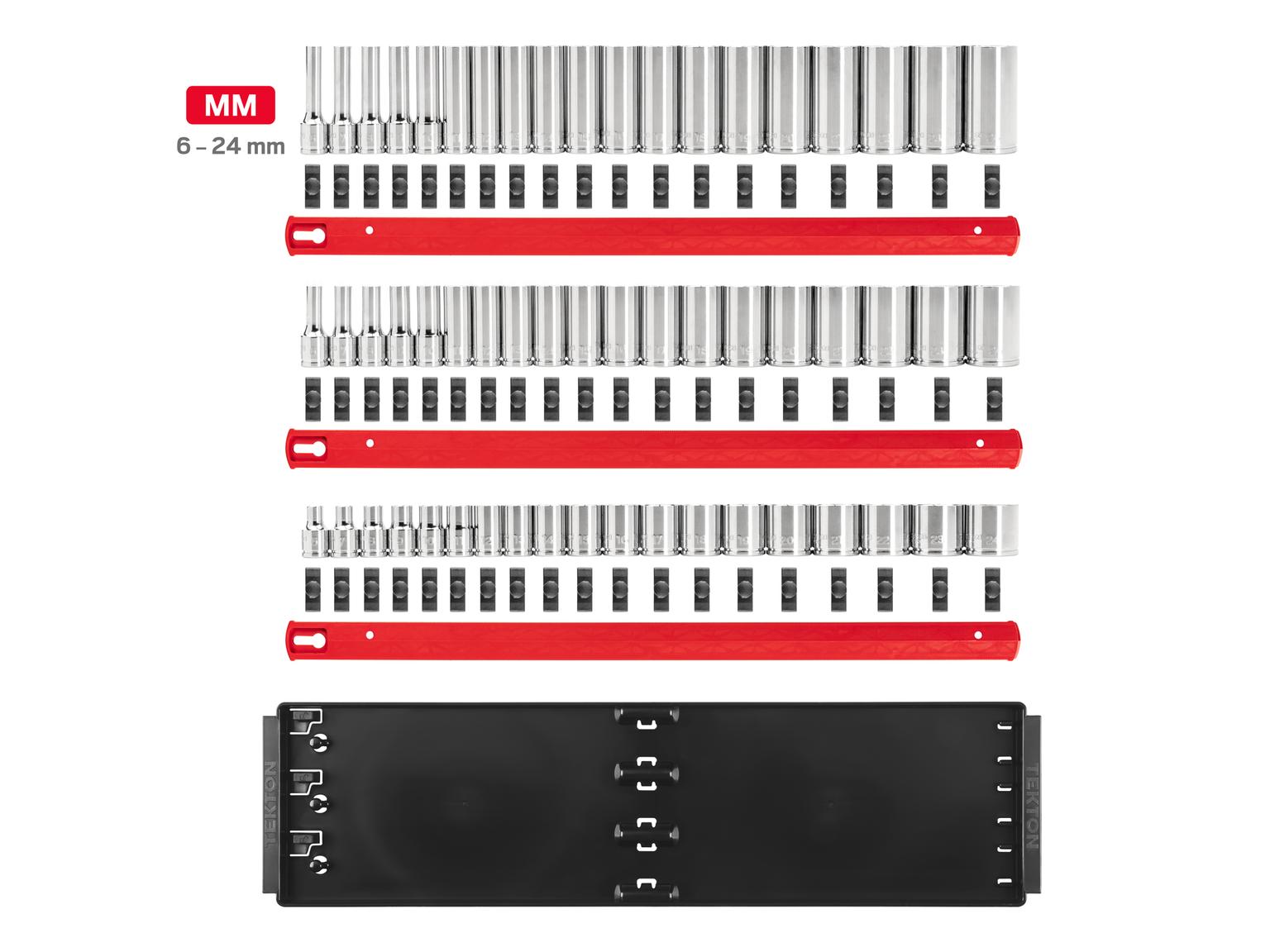 Laid out contents of Tekton hand drive 6-point socket set. Item #SHD91124