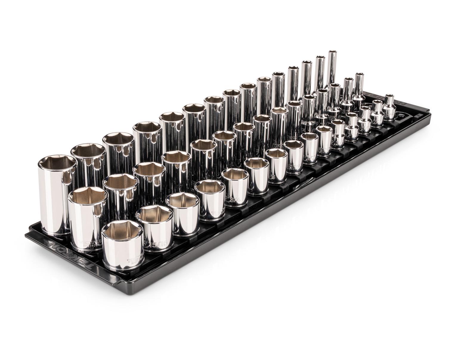 Front-right angle view of Tekton hand drive 6-point socket set. Item #SHD91125