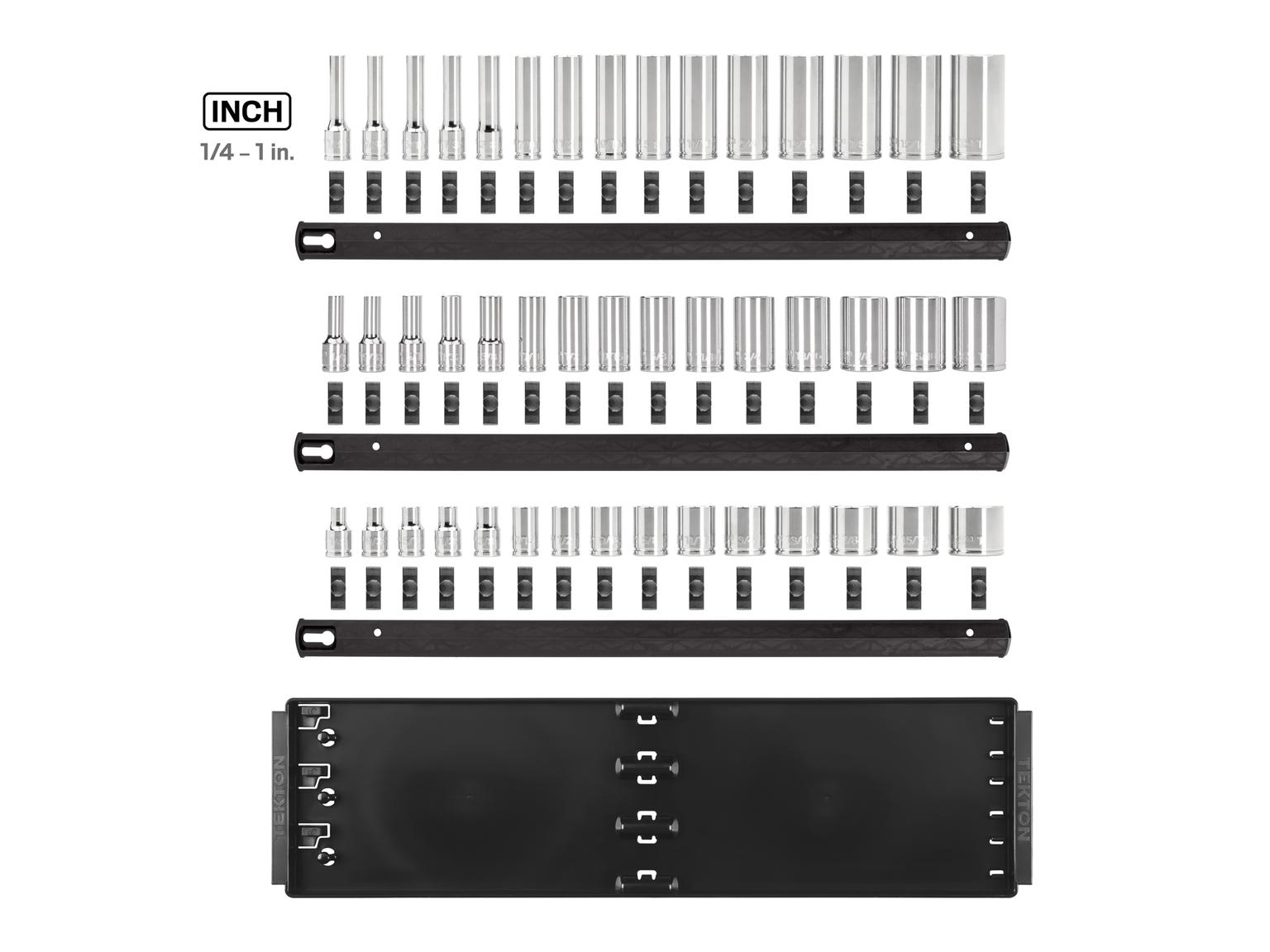 Laid out contents of Tekton hand drive 6-point socket set. Item #SHD91125