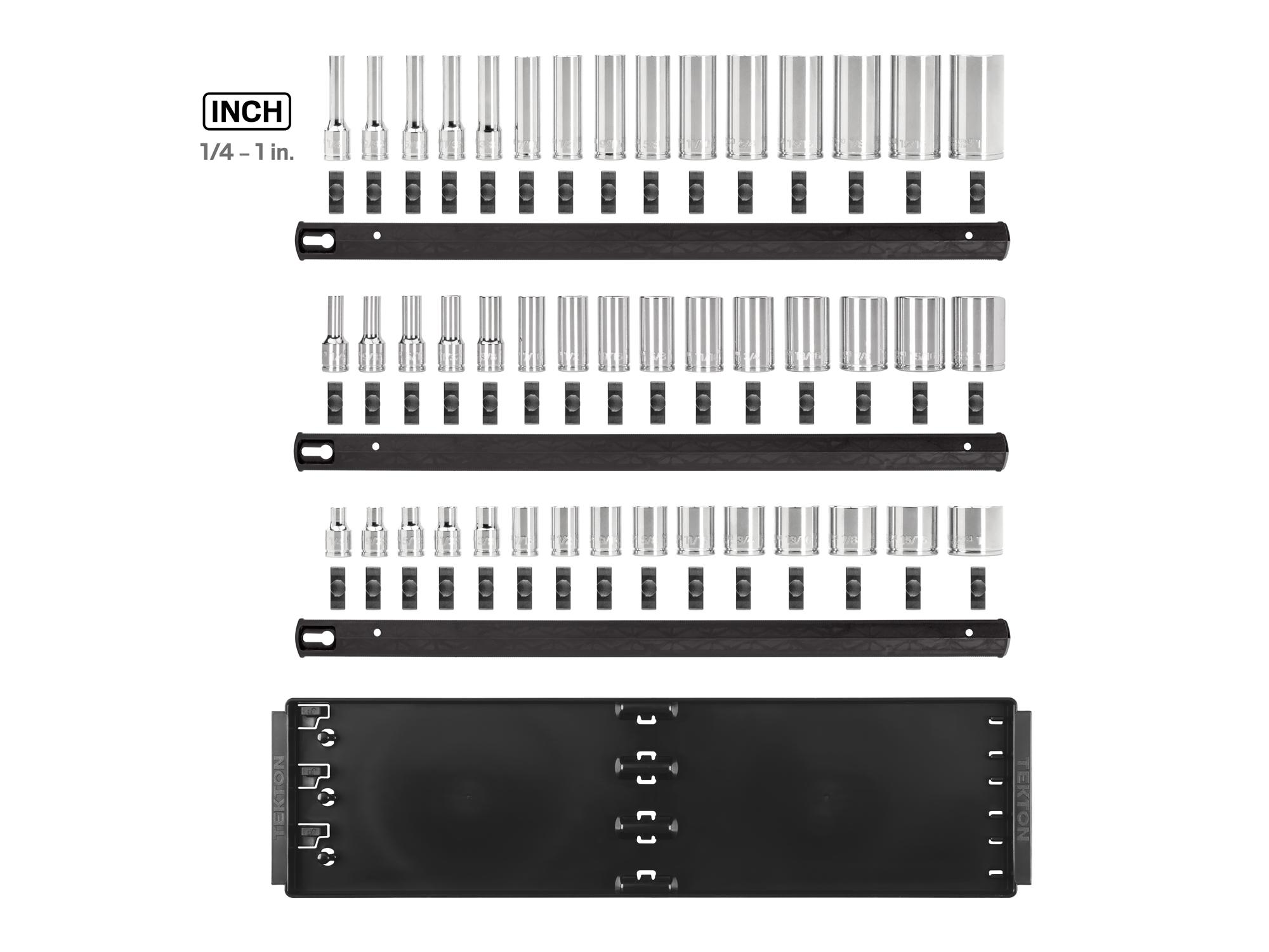 Laid out contents of Tekton rail and tray hand drive 6-point socket set. Item #SHD91125