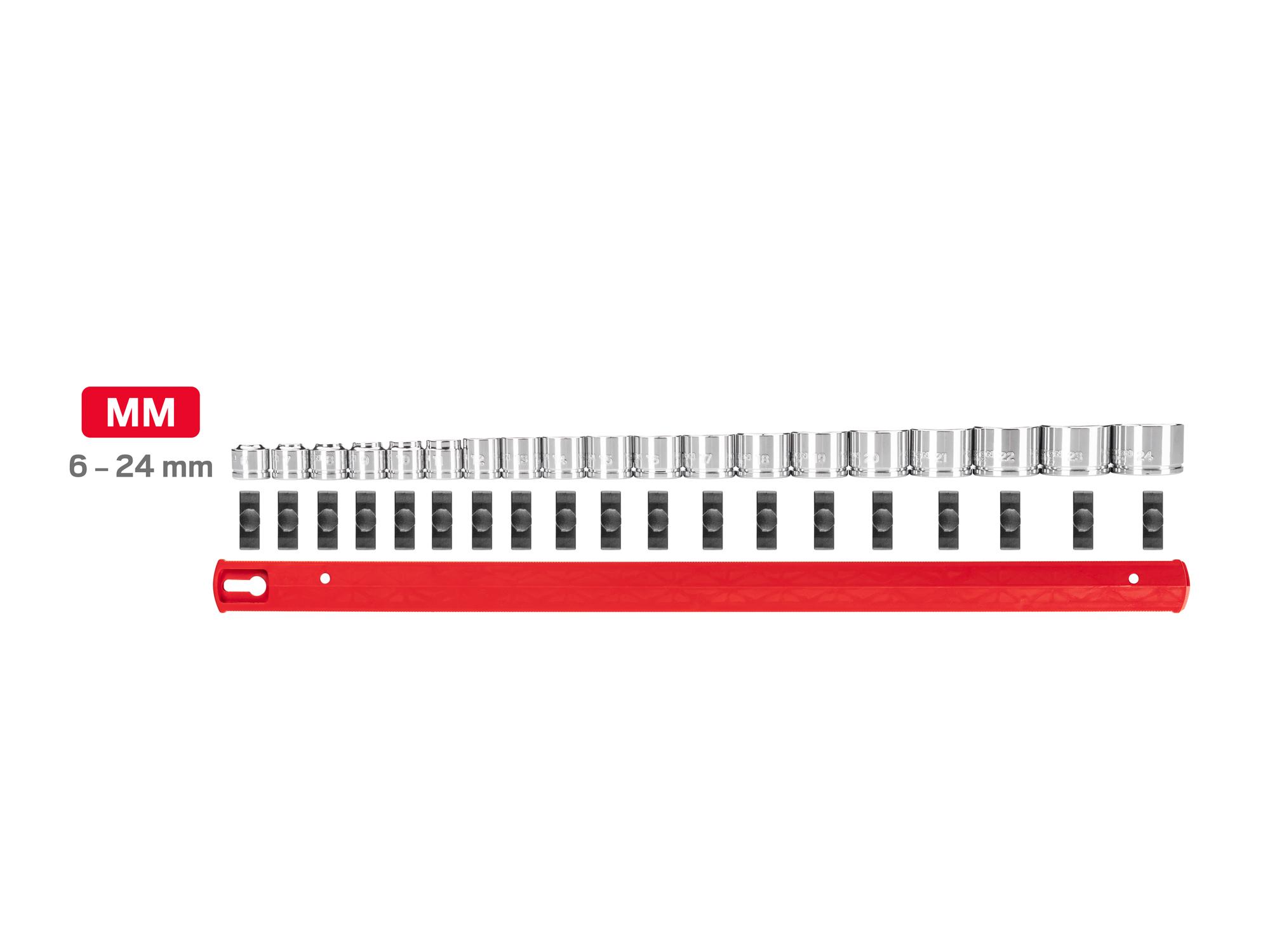 Laid out contents of Tekton rail hand drive 6-point socket set. Item #SHD91128