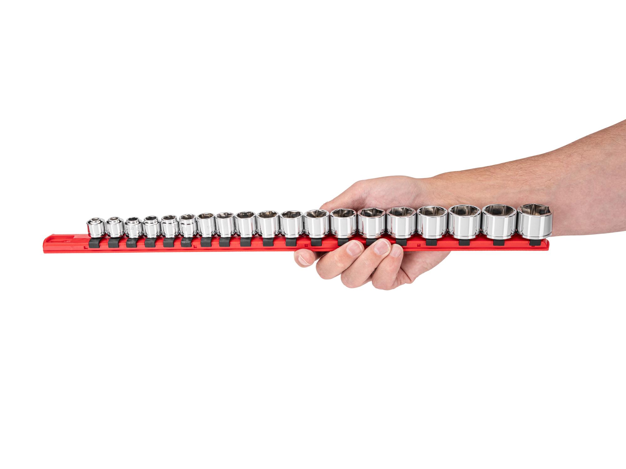 Person holding Tekton rail hand drive 6-point socket set. Item #SHD91128