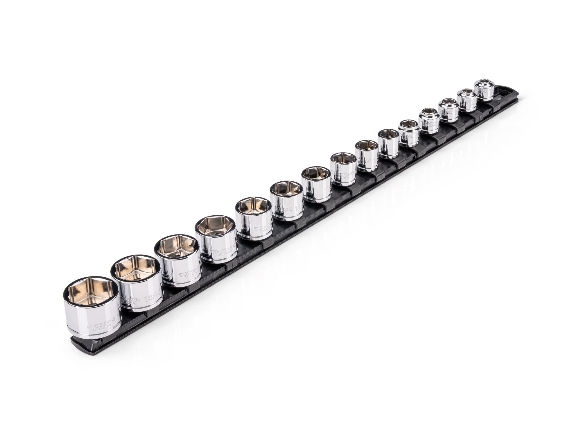 TEKTON 3/8 Inch Drive Extra-Shallow 6-Point Socket Set with Rail, 15-Piece (1/4 - 1 in.)