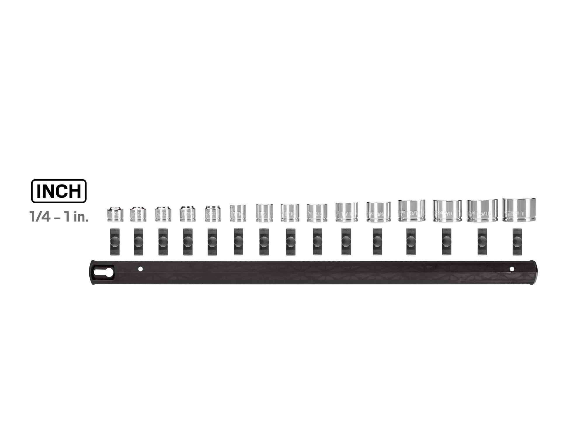 Laid out contents of Tekton rail hand drive 6-point socket set. Item #SHD91129