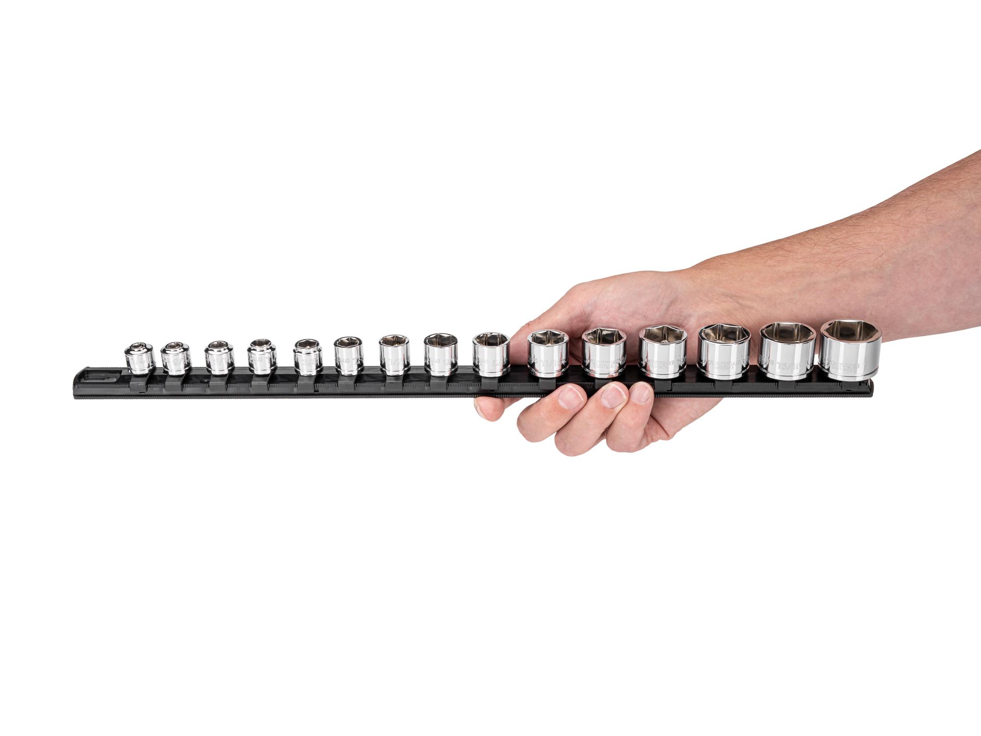 Person holding Tekton rail hand drive 6-point socket set. Item #SHD91129