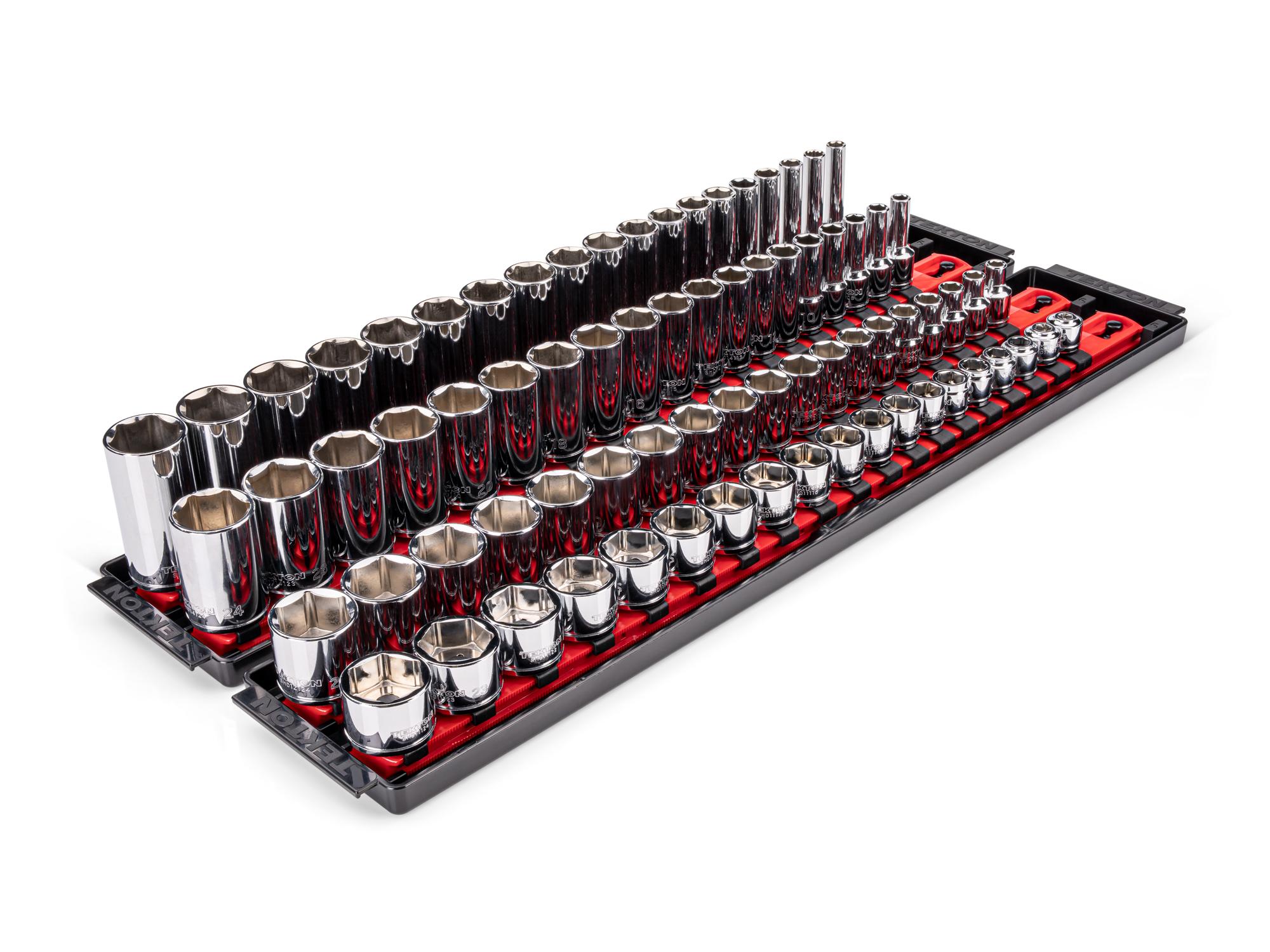 TEKTON 3/8 Inch Drive Extra-Shallow, Shallow, Semi-Deep, and Deep 6-Point Socket Set with Rails and Trays, 76-Piece (6 - 24 mm)