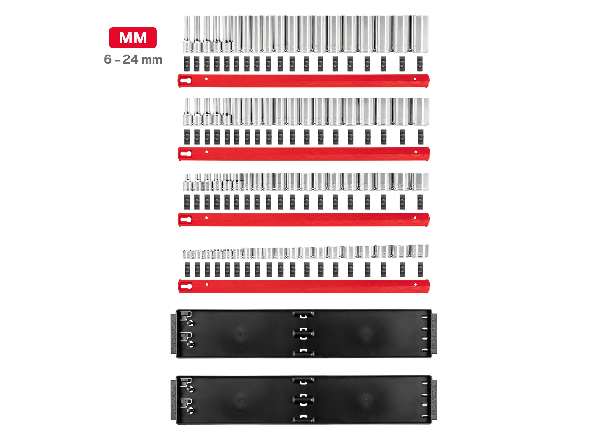 Laid out contents of Tekton rail hand drive 6-point socket set. Item #SHD91130