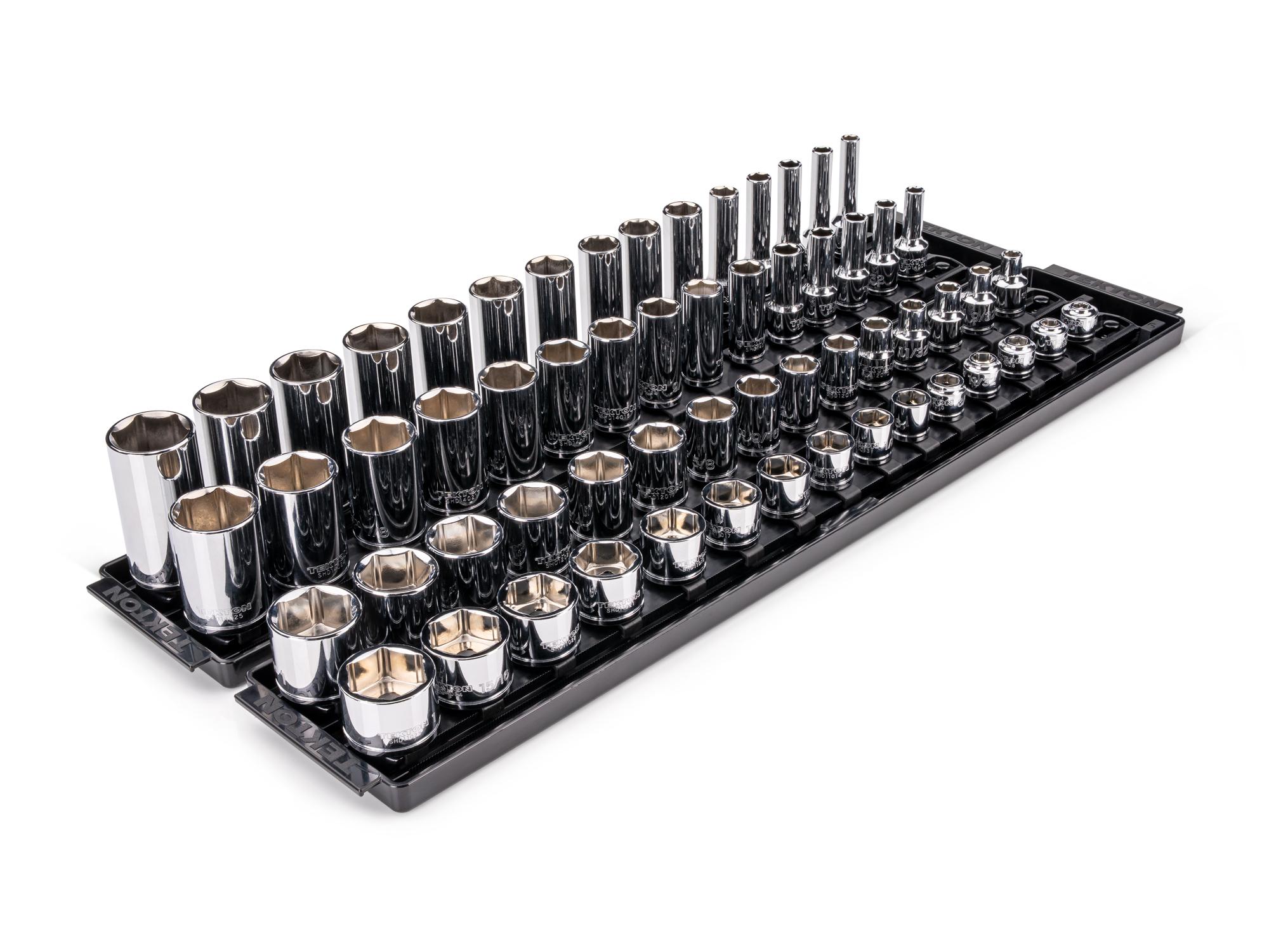 TEKTON 3/8 Inch Drive Extra-Shallow, Shallow, Semi-Deep, and Deep 6-Point Socket Set with Rails and Trays, 60-Piece (1/4 - 1 in.)
