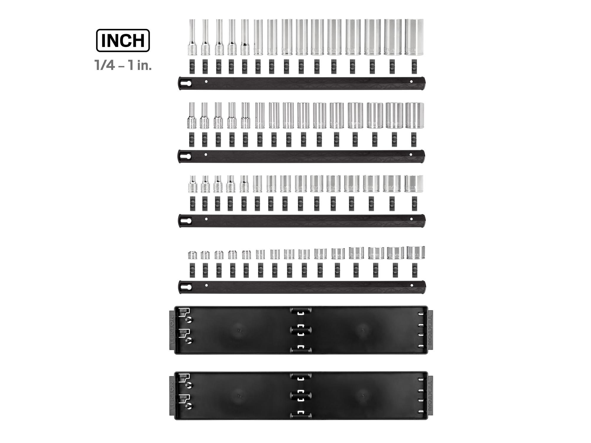 Laid out contents of Tekton rail hand drive 6-point socket set. Item #SHD91131