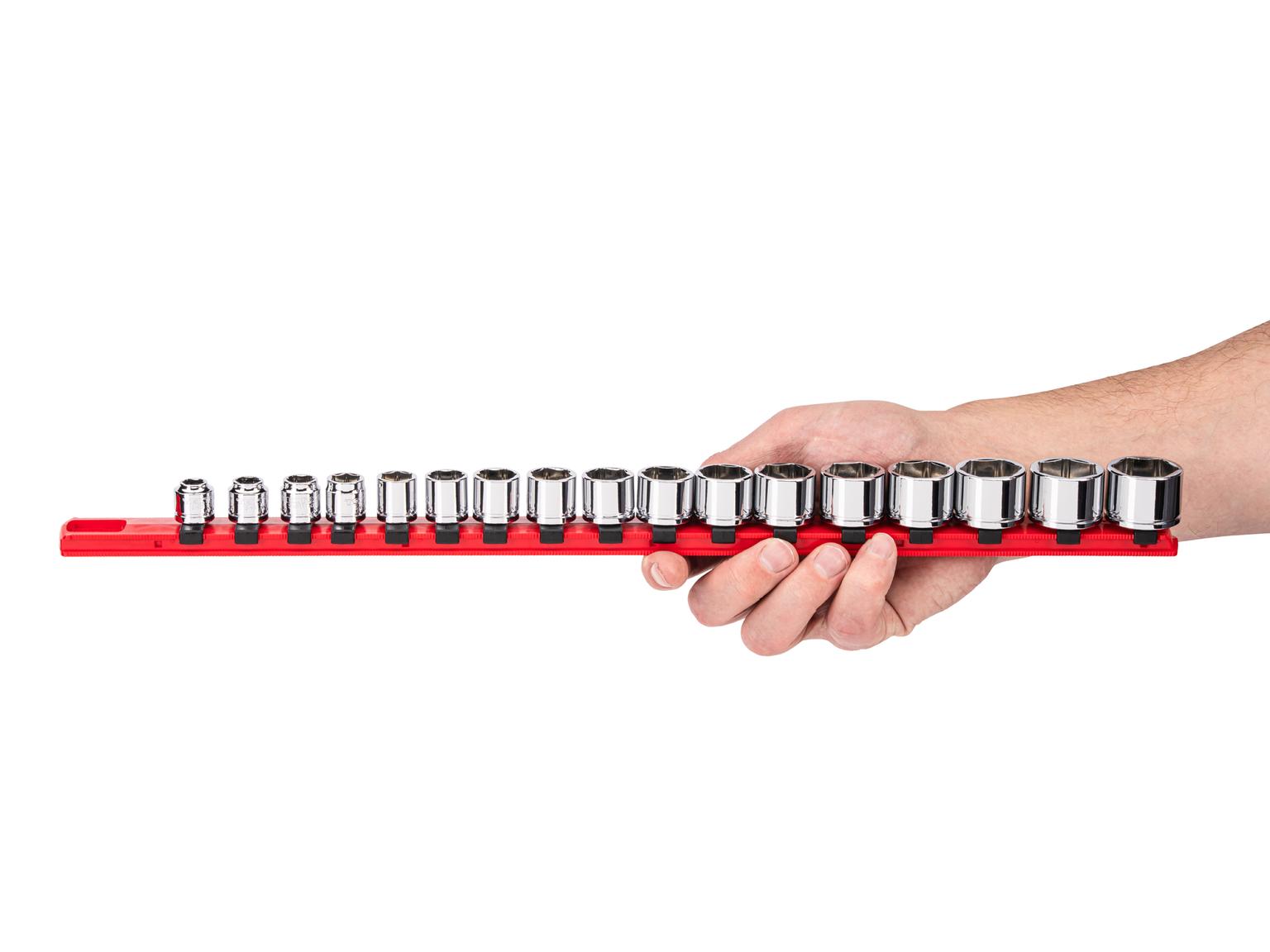 Person holding Tekton rail hand drive 6-point socket set. Item #SHD91134