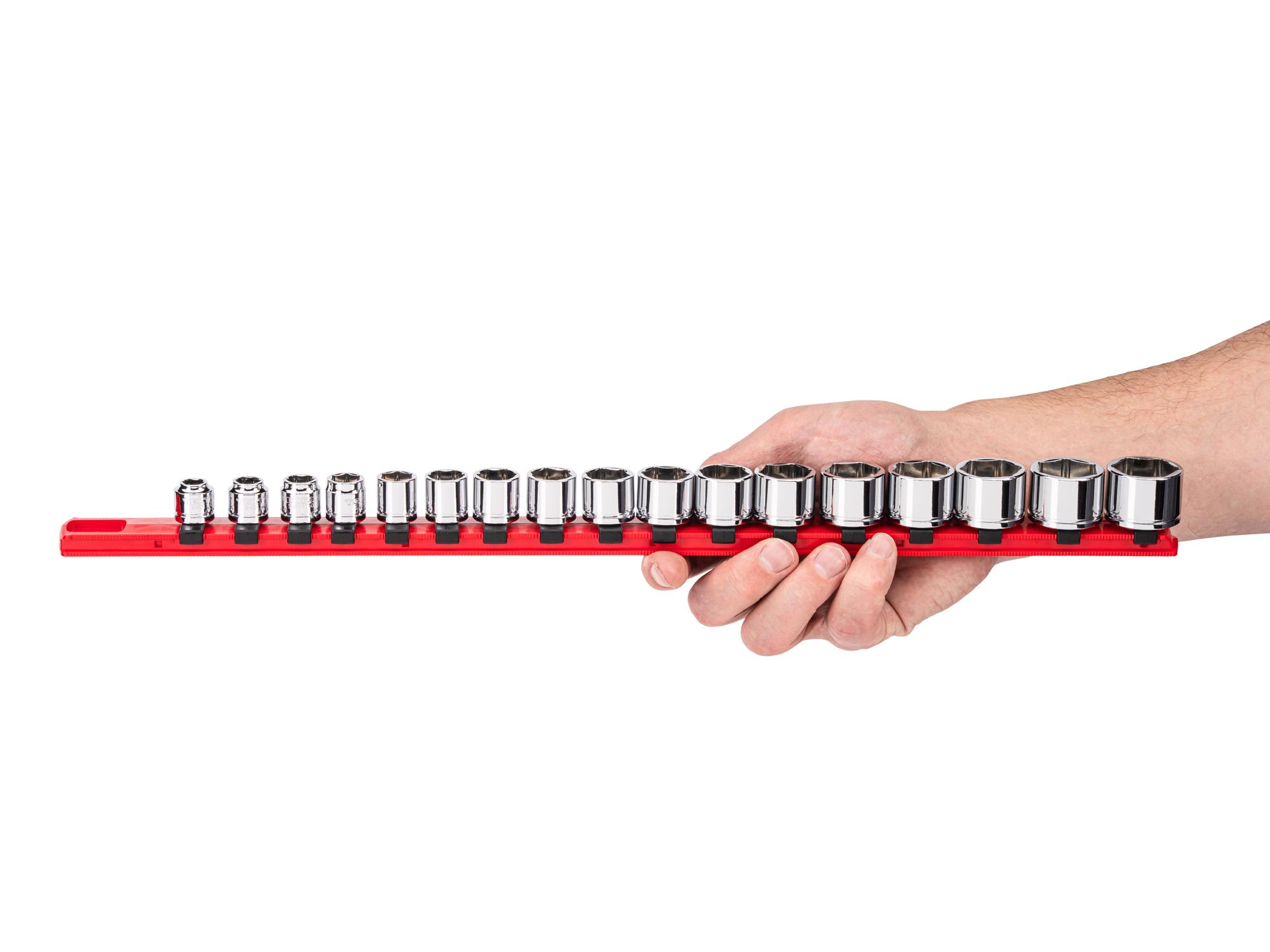 Person holding Tekton rail hand drive 6-point socket set. Item #SHD91134
