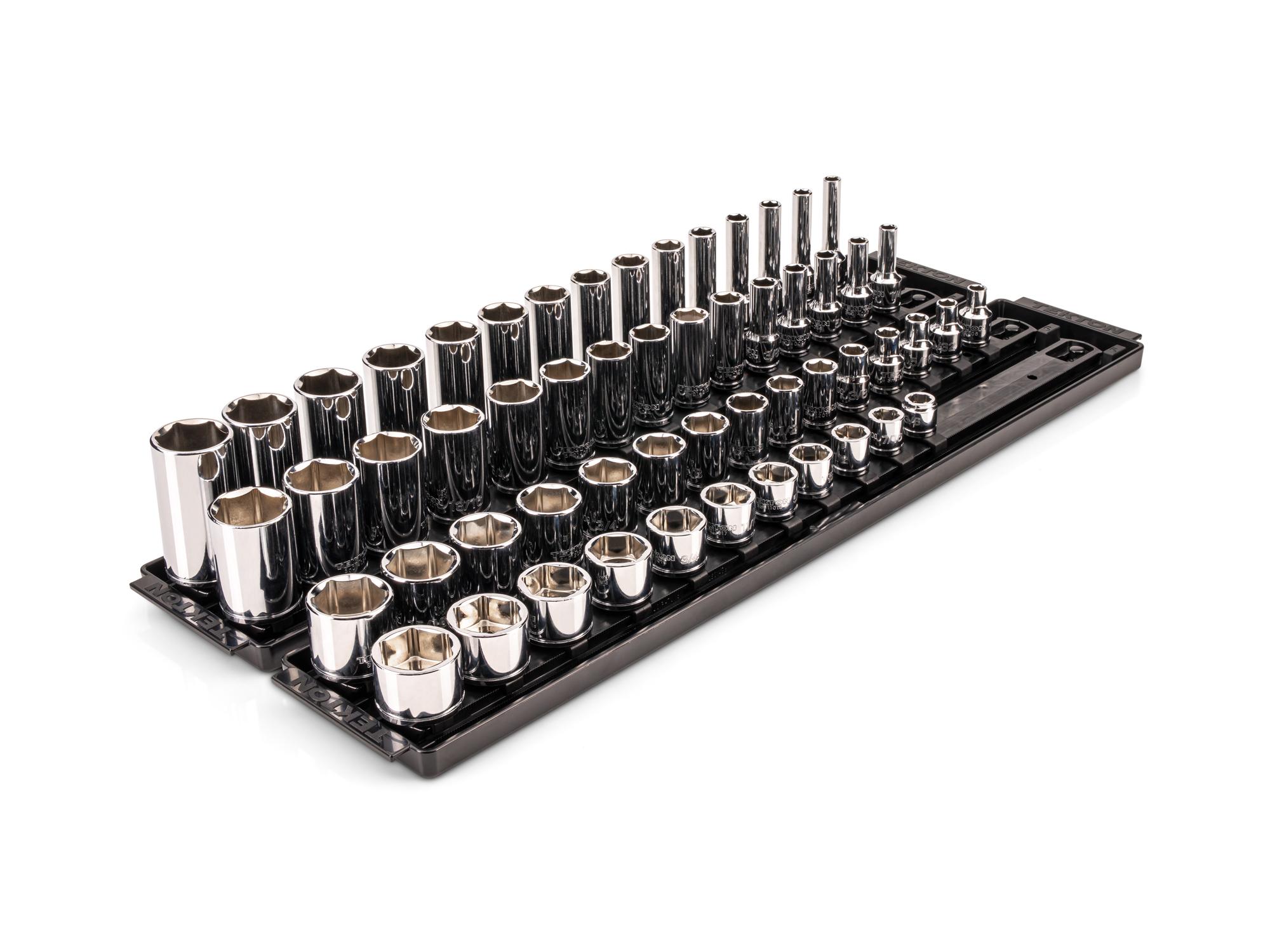 3/8 Inch Drive Extra-Shallow, Shallow, Semi-Deep, and Deep 6-Point Socket Set with Rails and Trays (56-Piece)