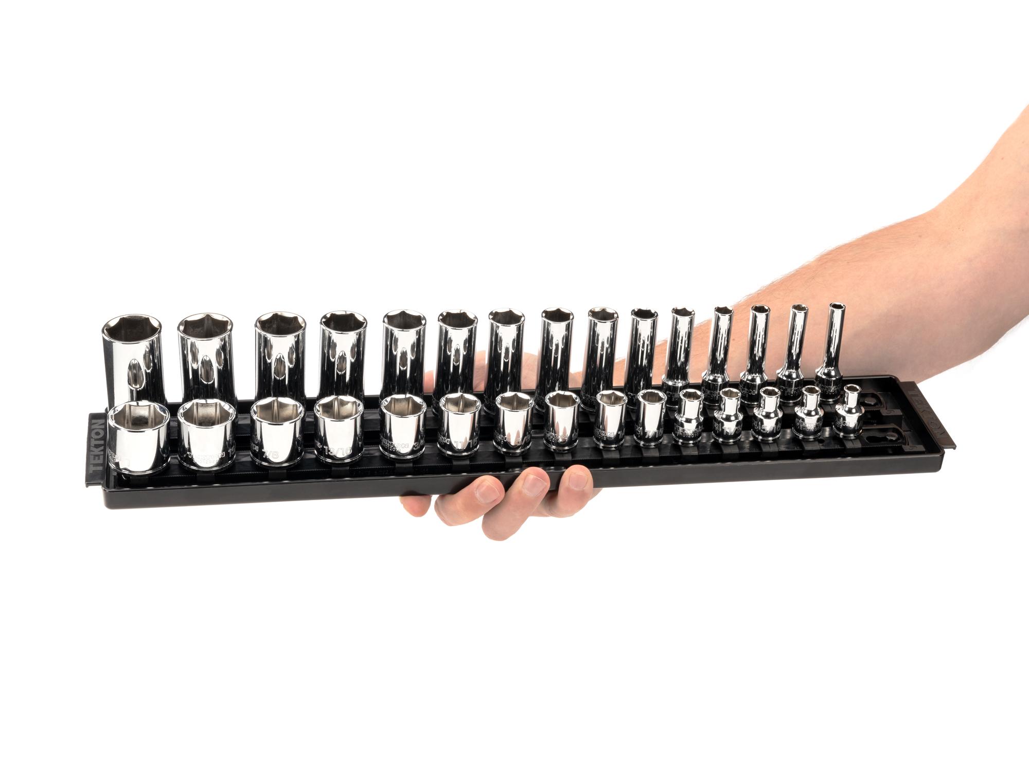 Person holding Tekton rail hand drive 6-point socket set. Item #SHD91209