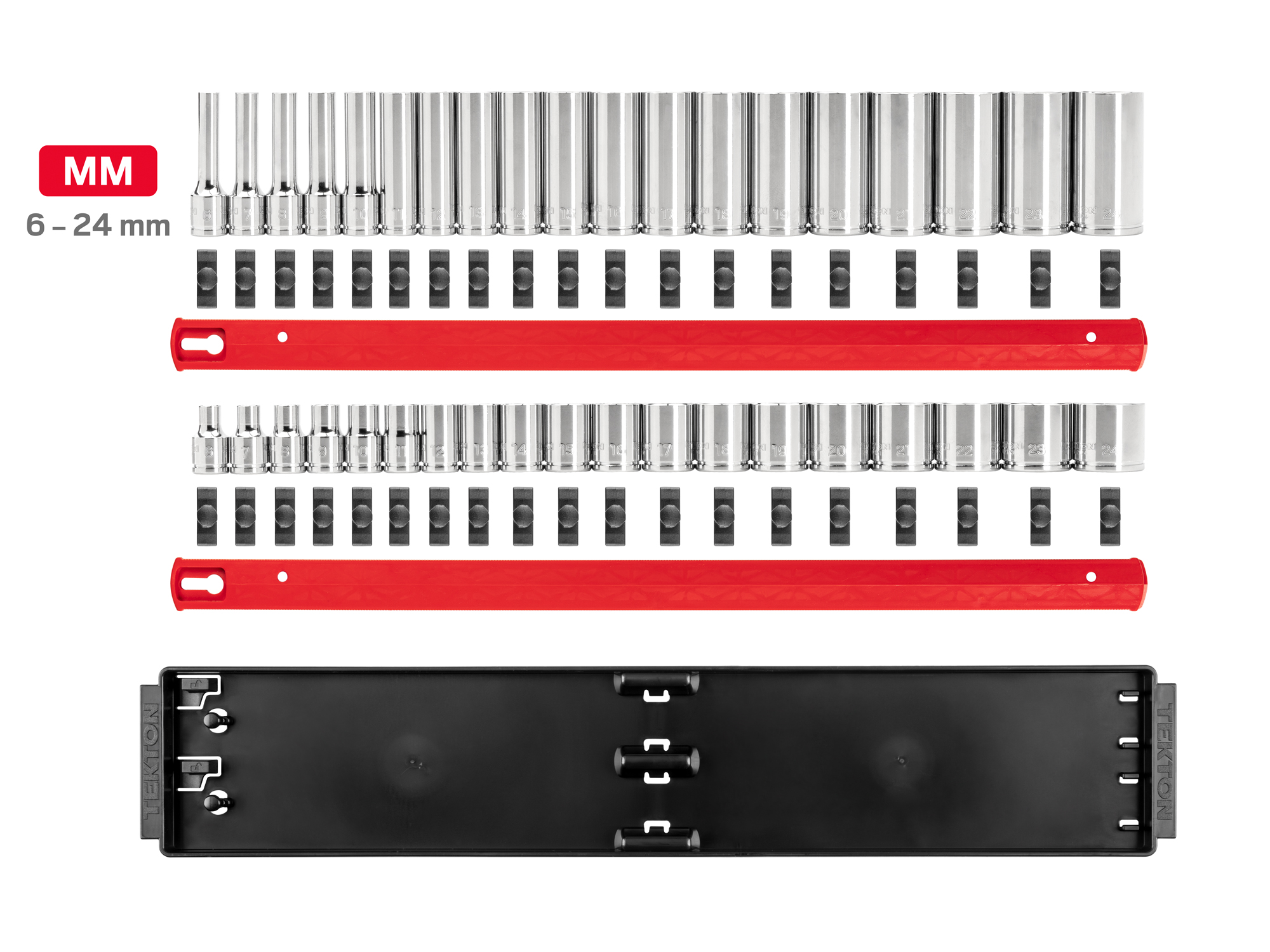 Includes: 6 - 24 mm (Metric) chrome 6-point standard-length sockets. No skipped sizes. Comes with rail and tray storage. SHD91211.