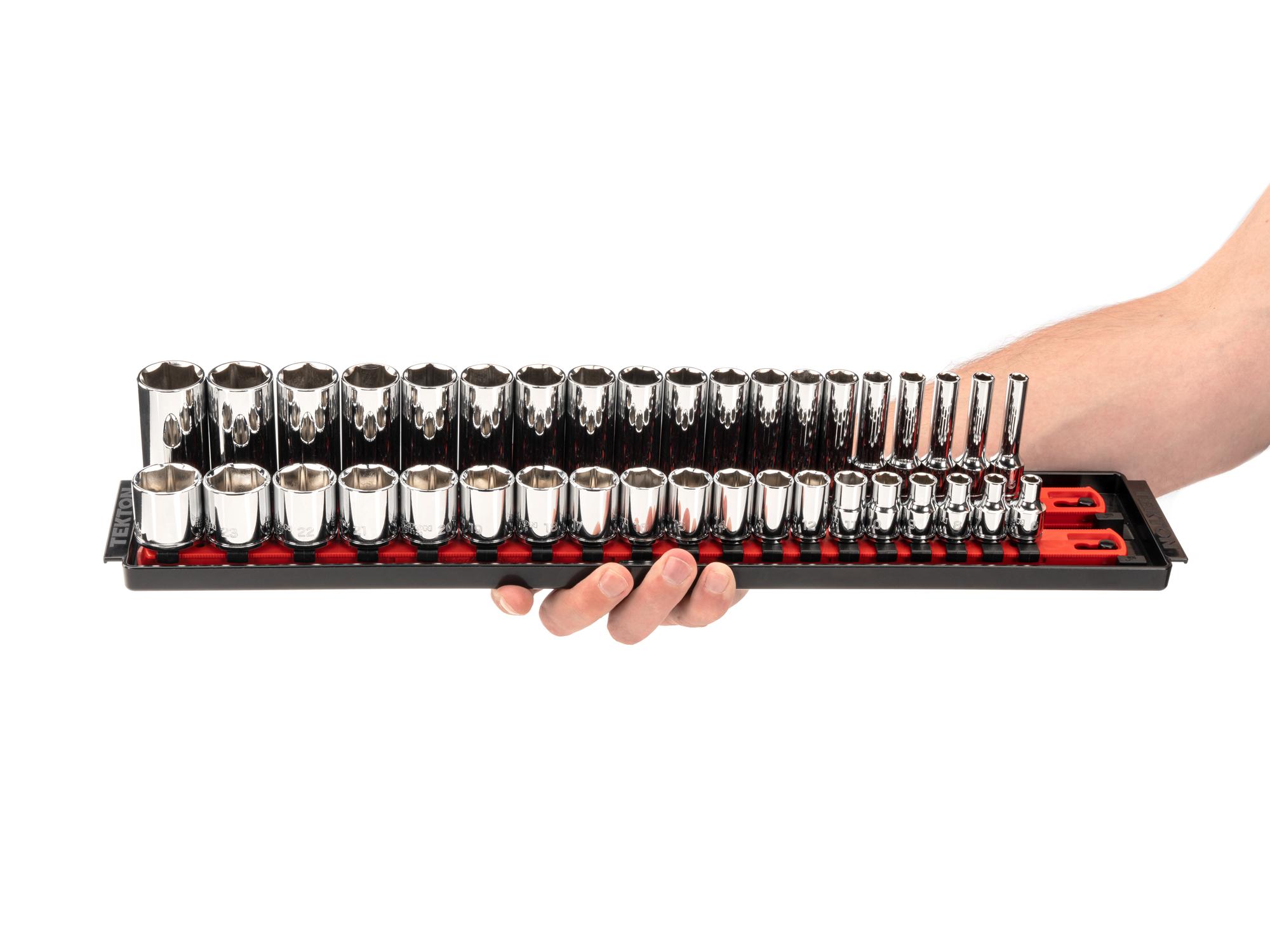 Person holding Tekton rail hand drive 6-point socket set. Item #SHD91211