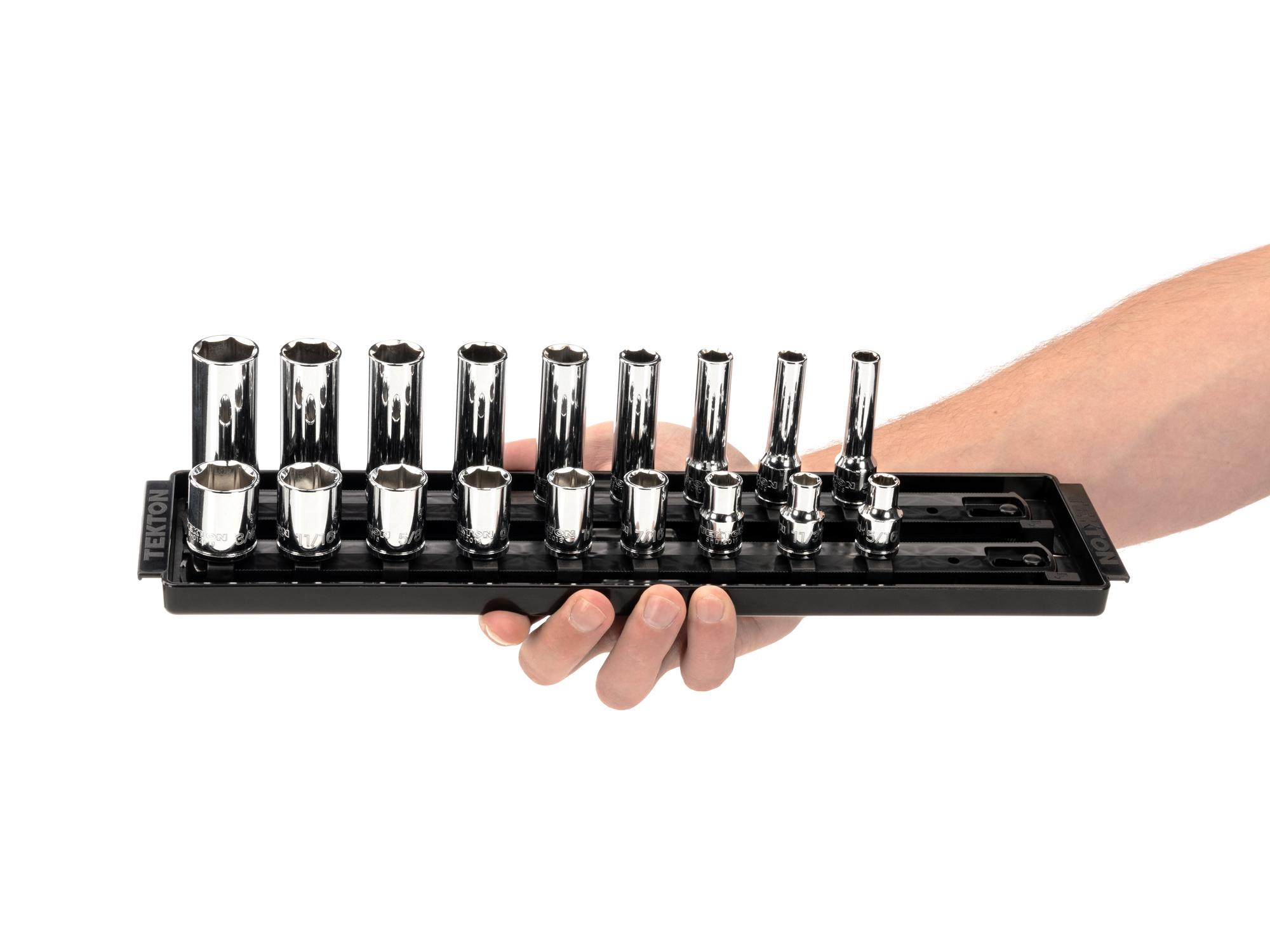 Person holding Tekton rail hand drive 6-point socket set. Item #SHD91213