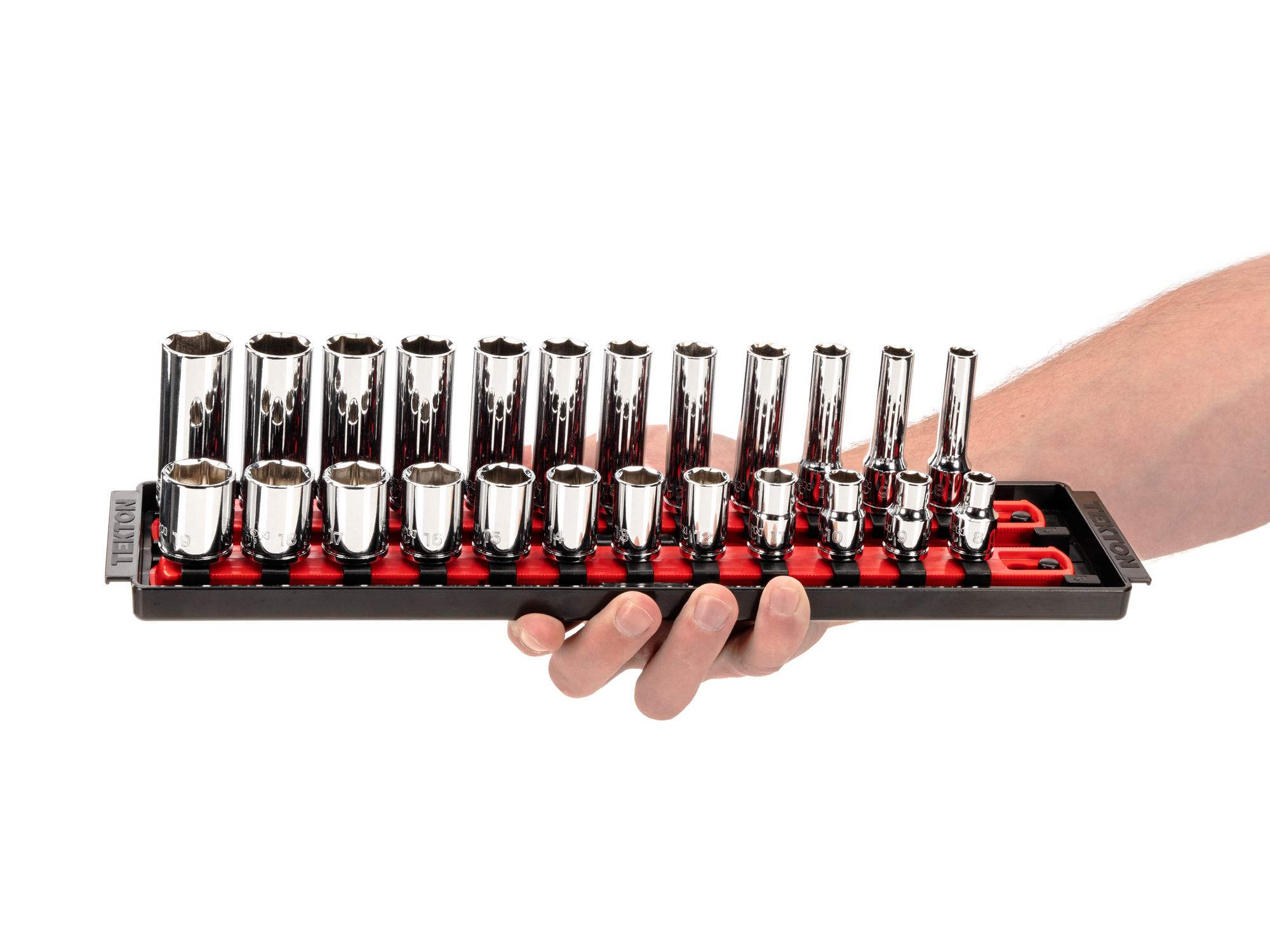 Person holding Tekton rail hand drive 6-point socket set. Item #SHD91218