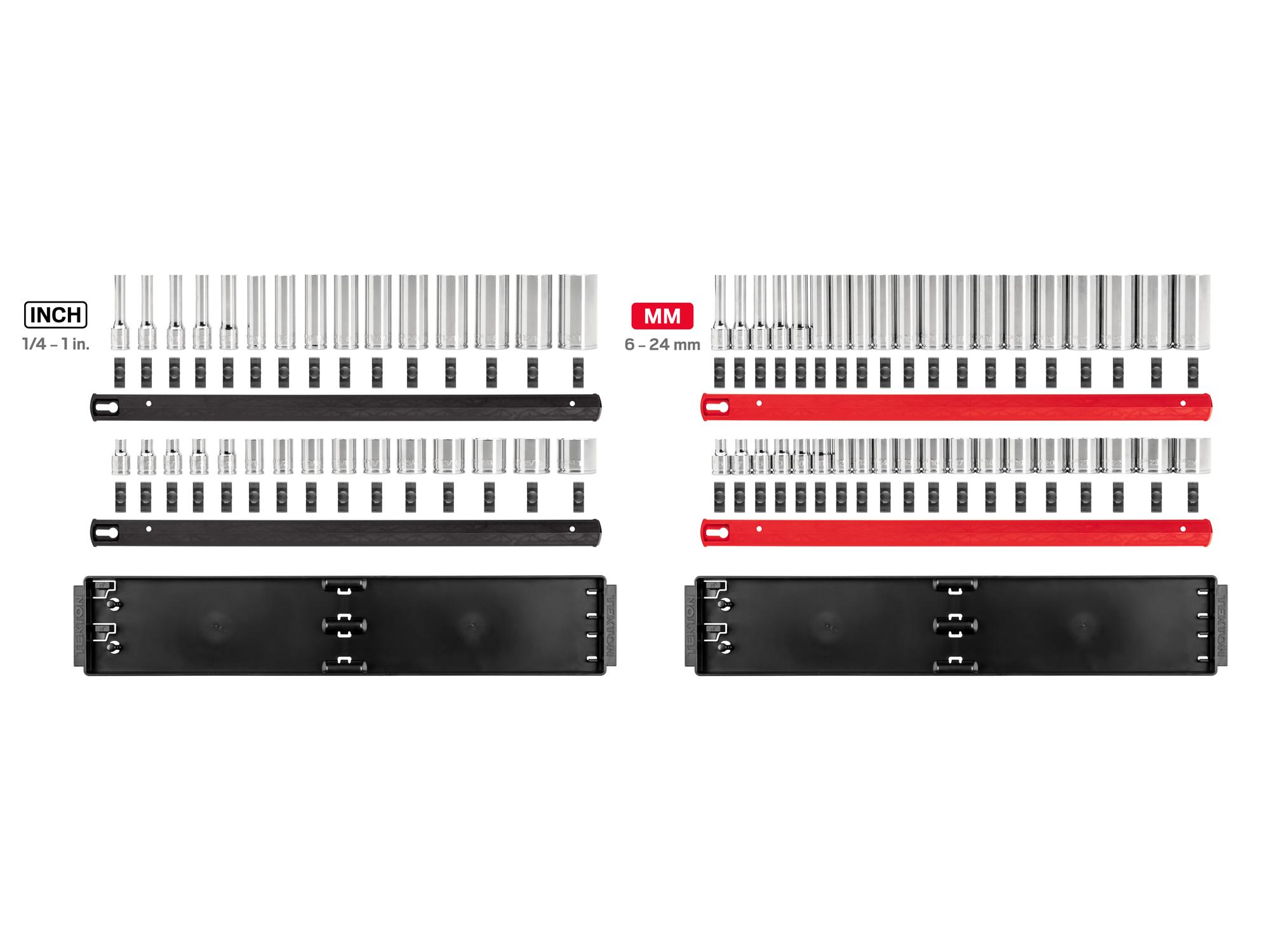 Laid out contents of Tekton rail hand drive 6-point socket set. Item #SHD91220