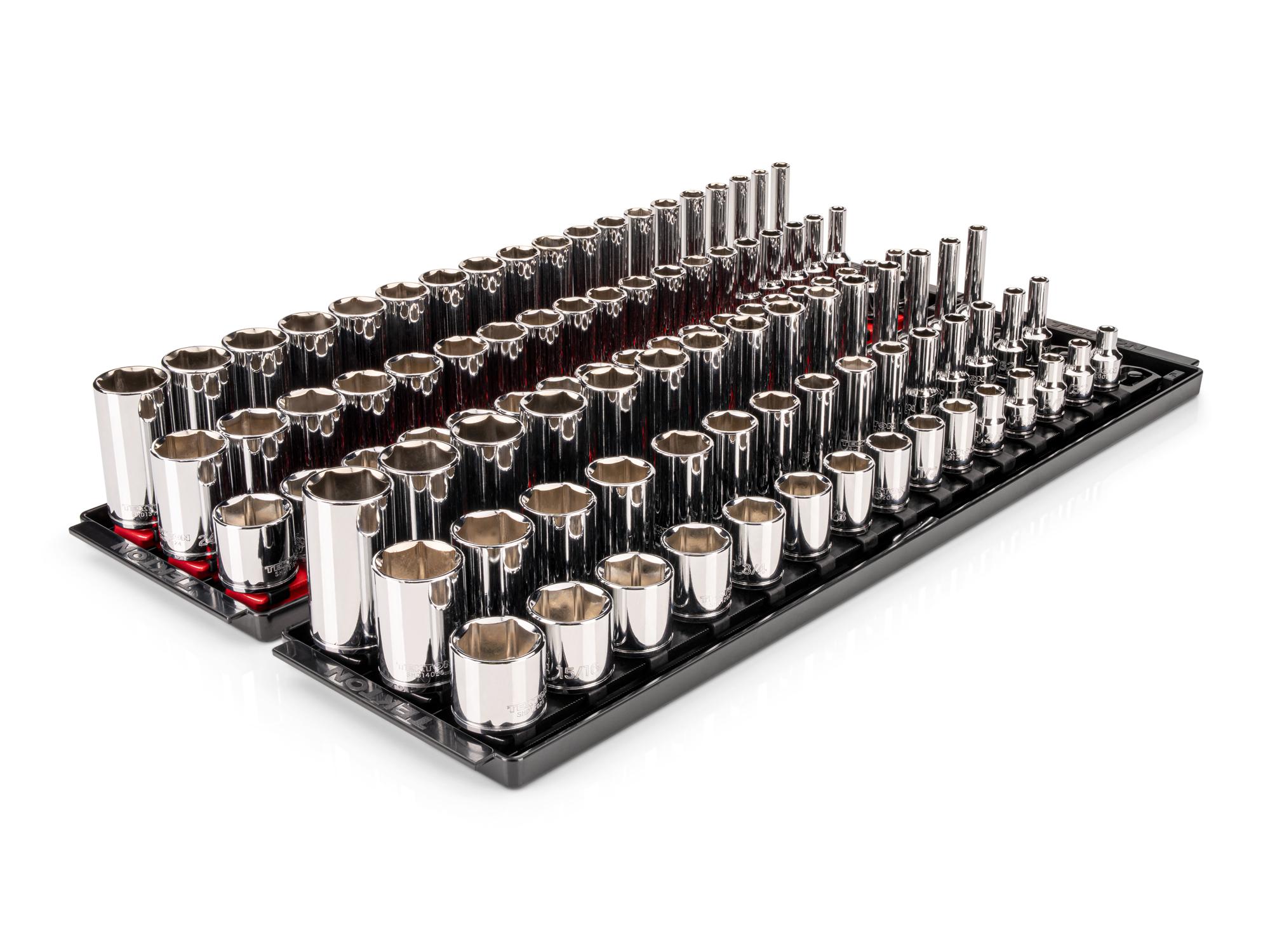Front-right angle view of Tekton rail and tray hand drive 6-point socket set. Item #SHD91222