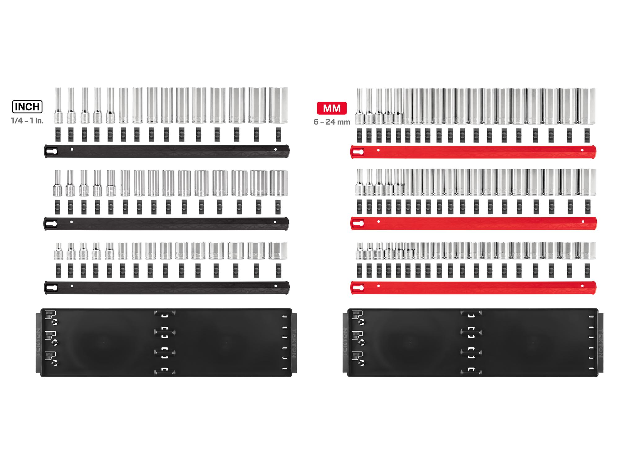 Laid out contents of Tekton rail and tray hand drive 6-point socket set. Item #SHD91222