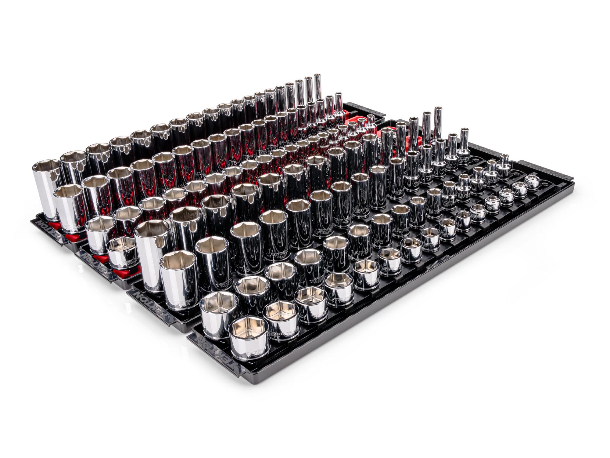 TEKTON 3/8 Inch Drive Extra-Shallow, Shallow, Semi-Deep, and Deep 6-Point Socket Set with Rails and Trays, 136-Piece (1/4 - 1 in., 6 - 24 mm)